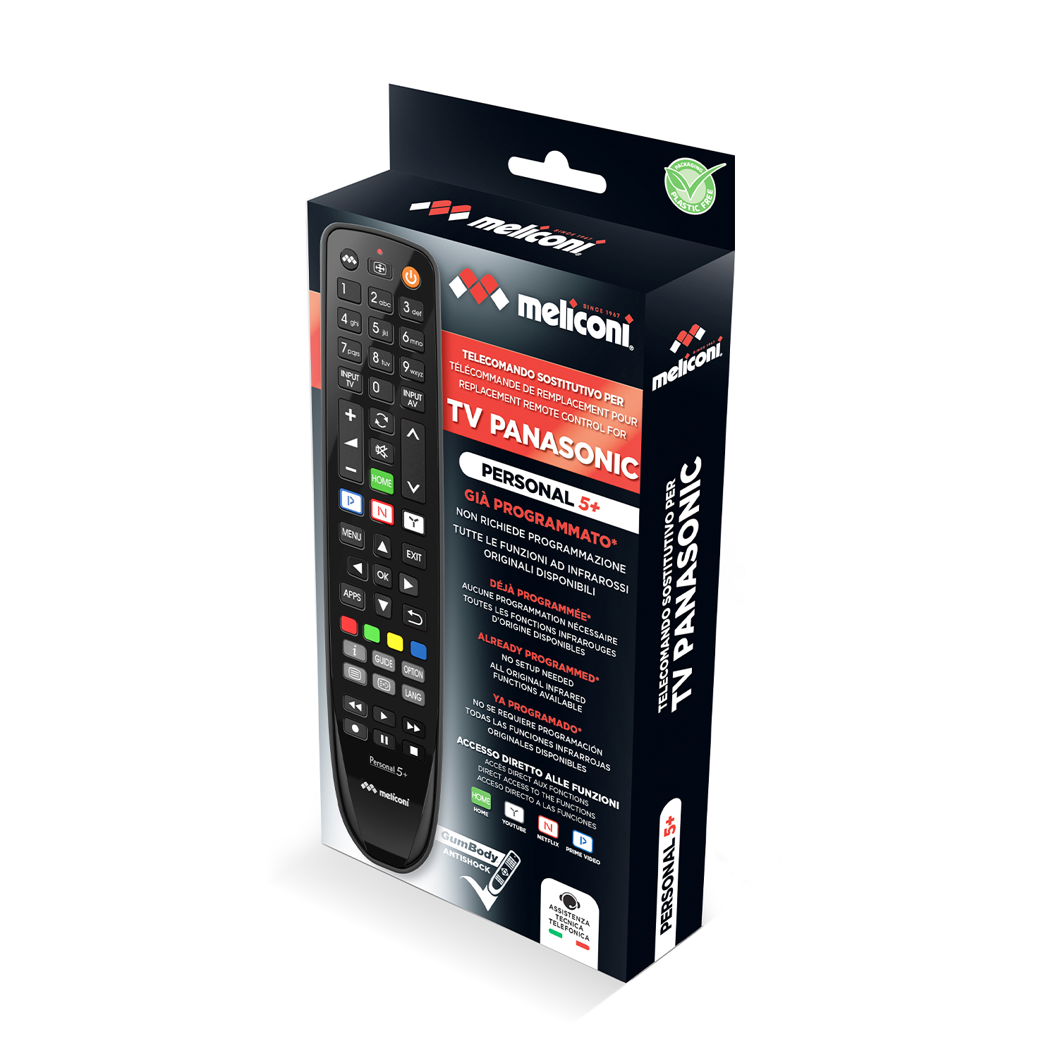 Scatola telecomando. Contiene un telecomando e testo sul prodotto sul fronte.