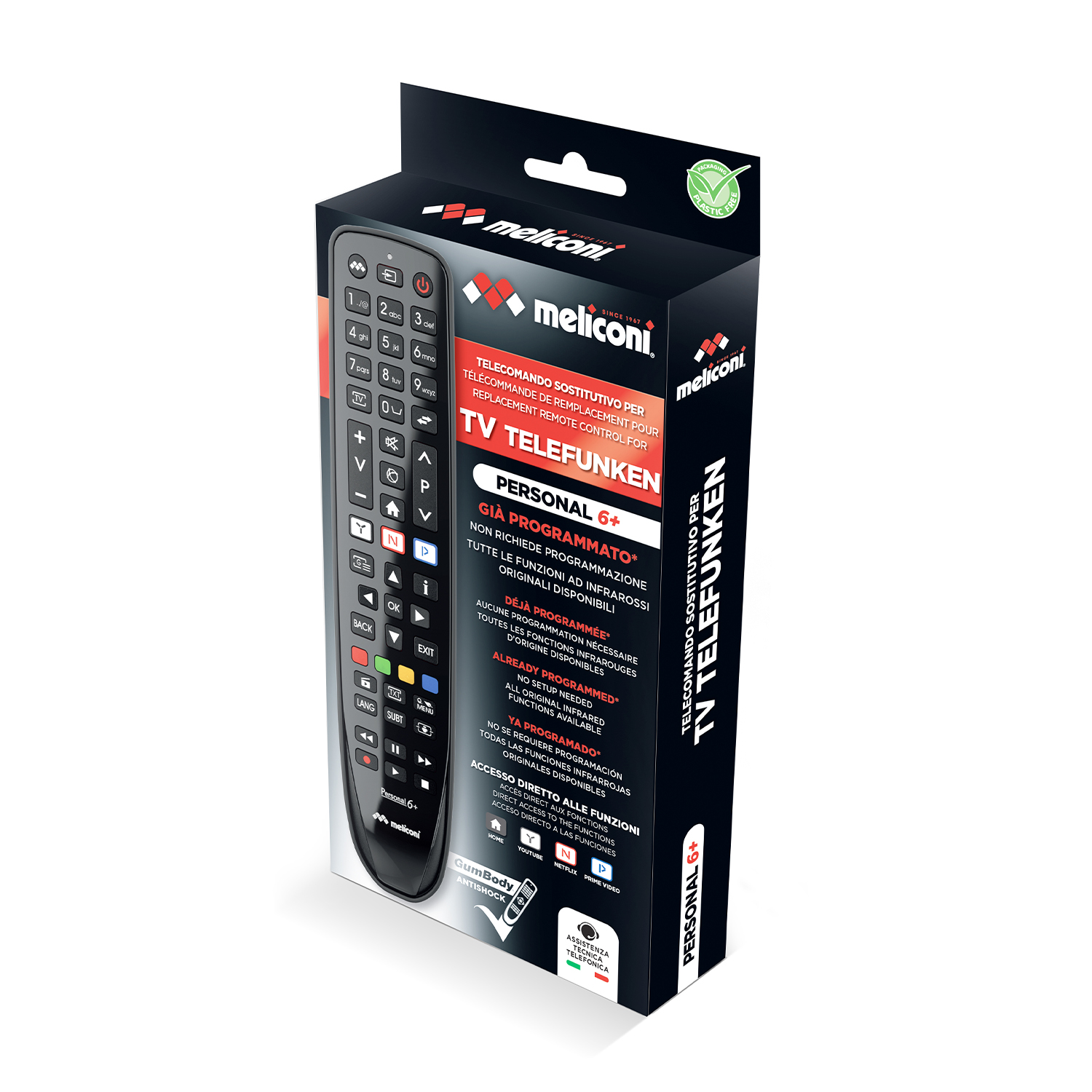 Scatola di un telecomando. Testo: Telecomando sostitutivo per TV Telefunken. Personal 6+.