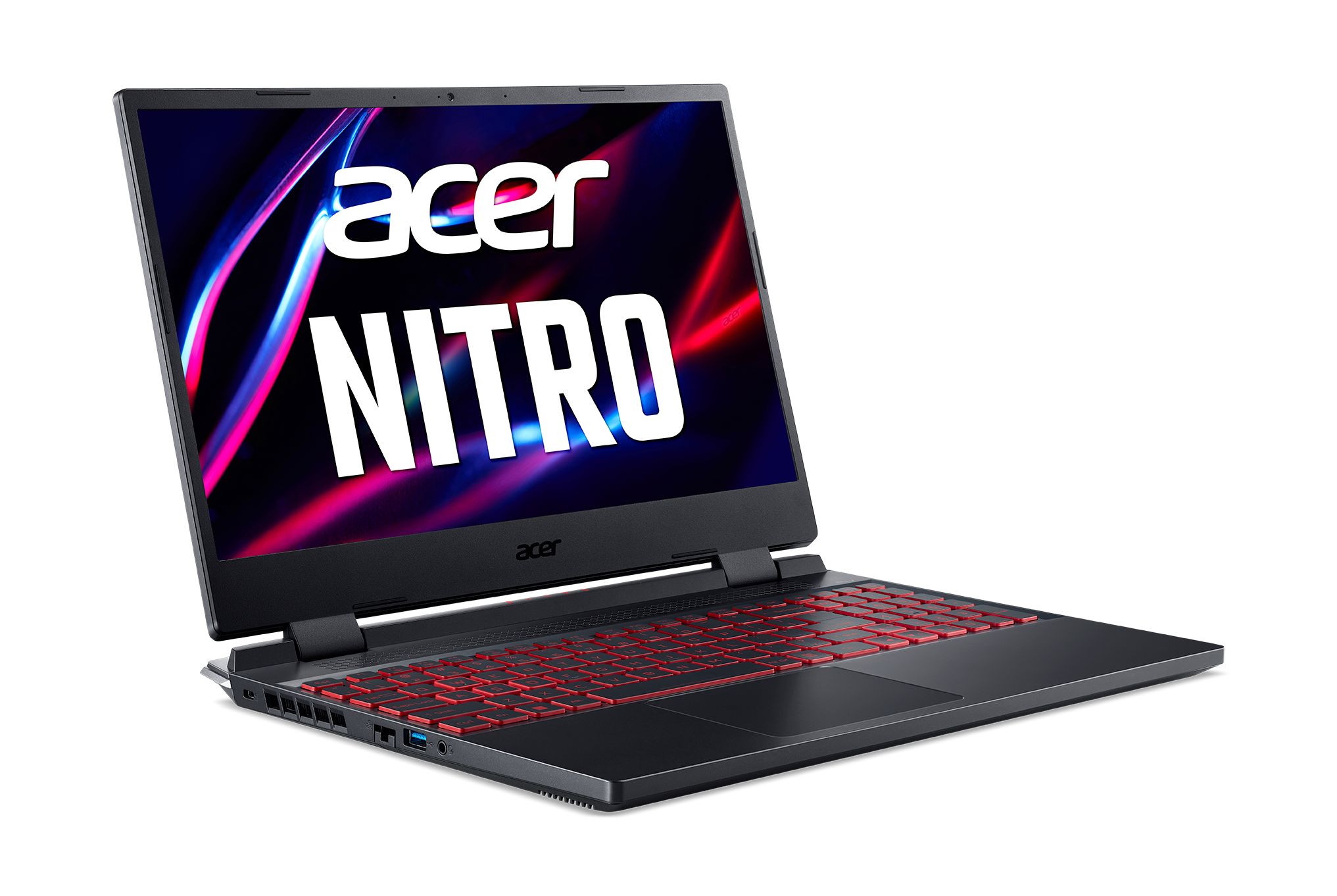 Una computadora portátil negra con la palabra "NITRO" en la pantalla. La computadora portátil está en una superficie.