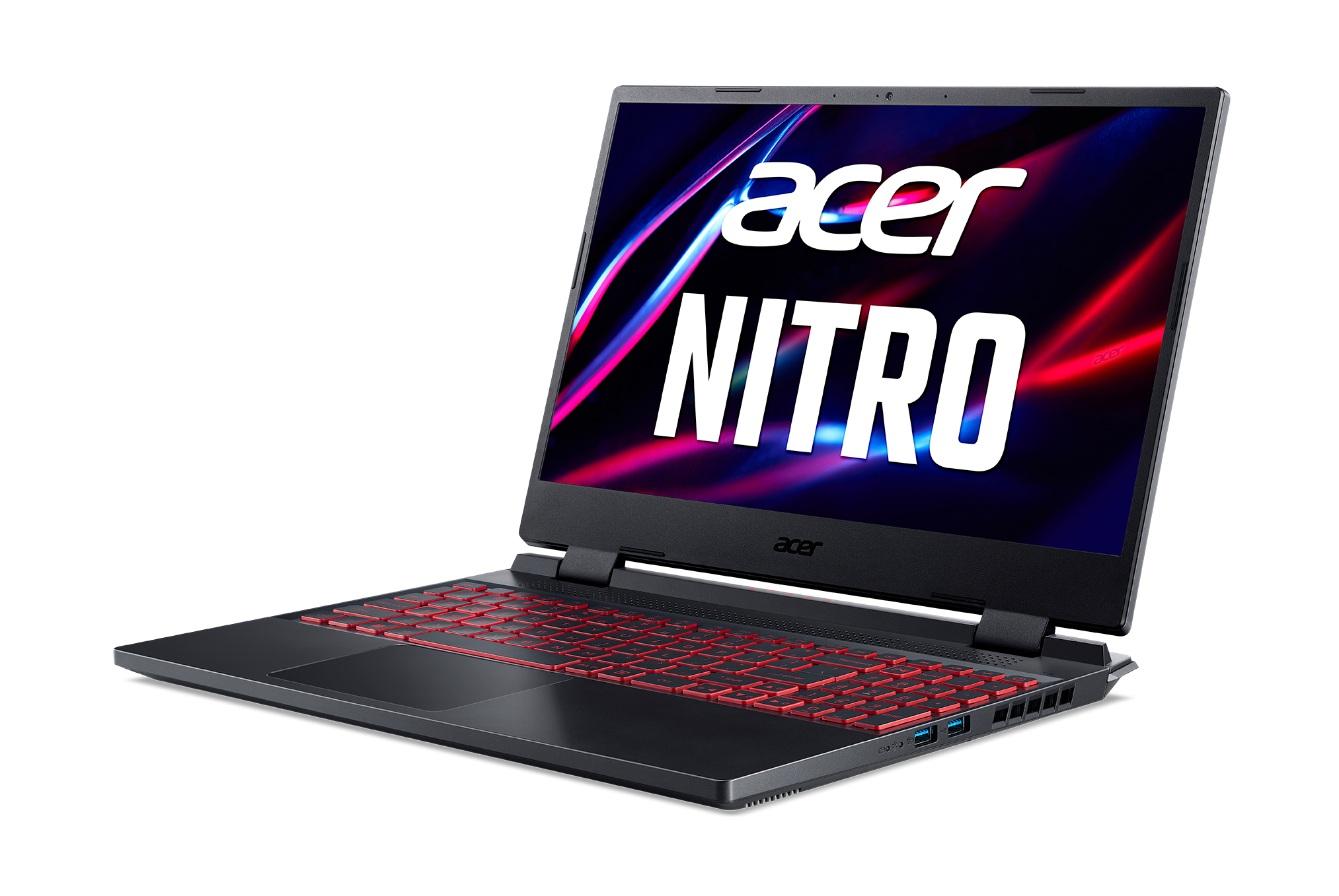 Portátil negro con teclado retroiluminado rojo. Texto: acer NITRO. Fondo negro.