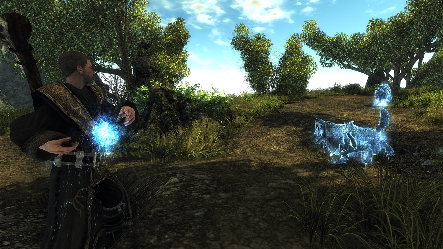 Man in black robes using blue magic in a forest, a wolf-like spirit beside him.