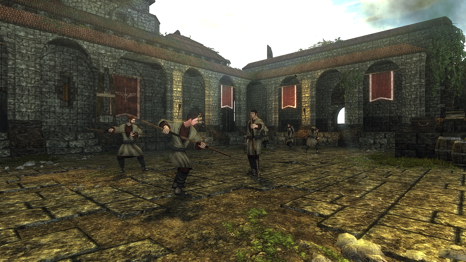 A medieval-looking courtyard scene with armed figures practicing combat.