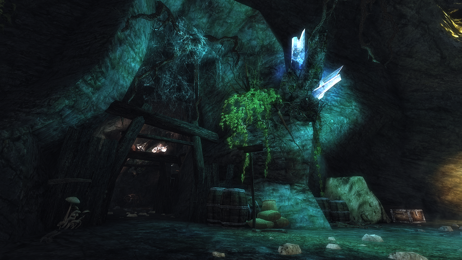 A dark cave with wooden structures, stalactites, and a glowing crystal formation.