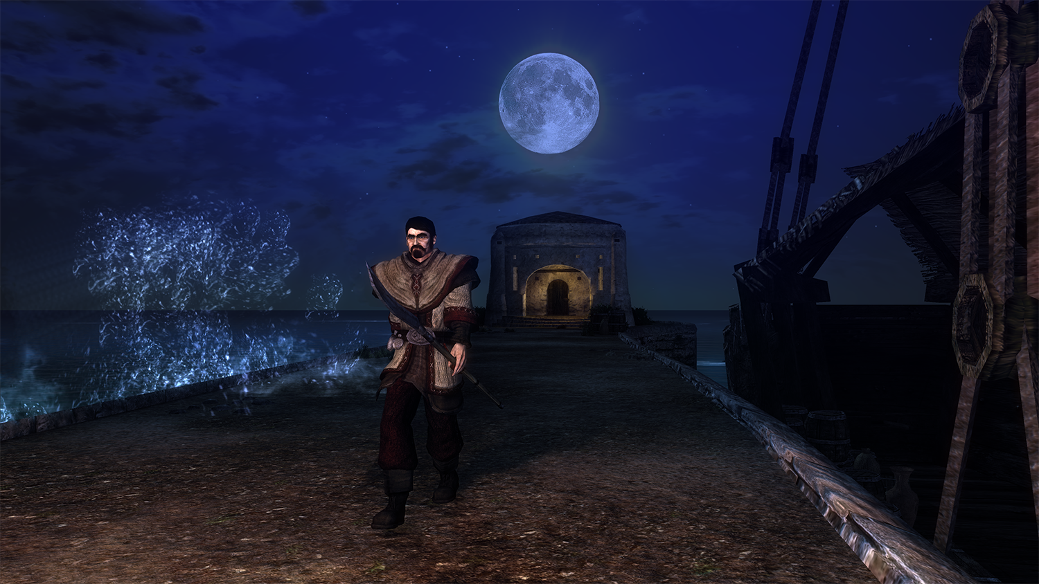 A man in a dark scene walks on a pier towards a building, full moon visible.