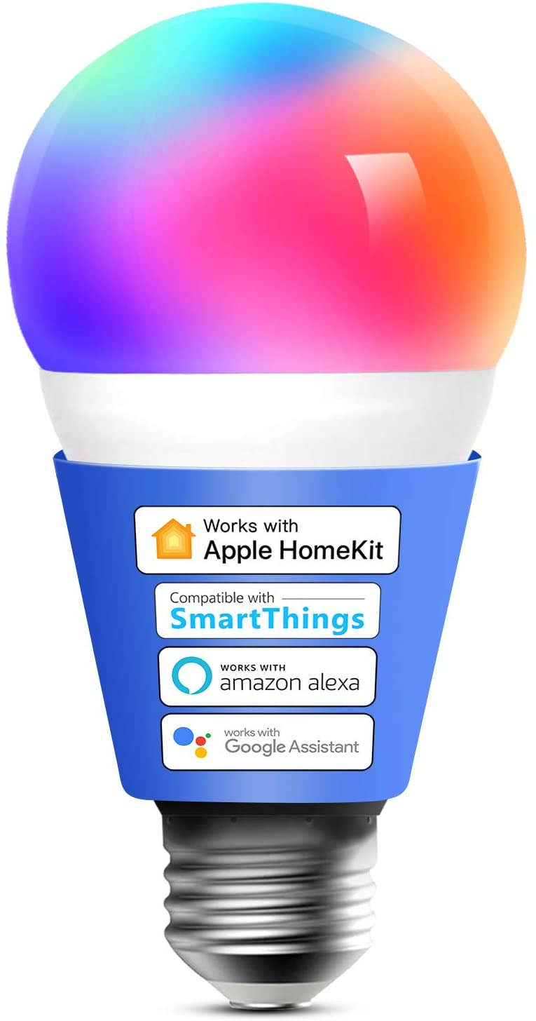 Çok renkli akıllı bir ampul. Mavi bir tabana sahip ve HomeKit ile uyumlu.
