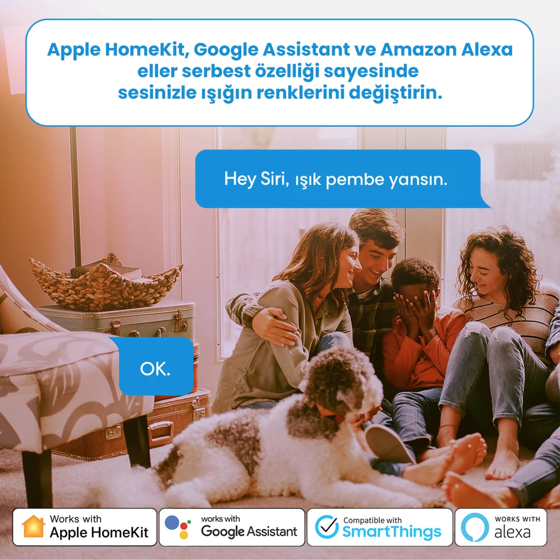 Akıllı ev sistemiyle etkileşimde bulunan bir aile ve köpek. Metin içeren bir konuşma balonu.