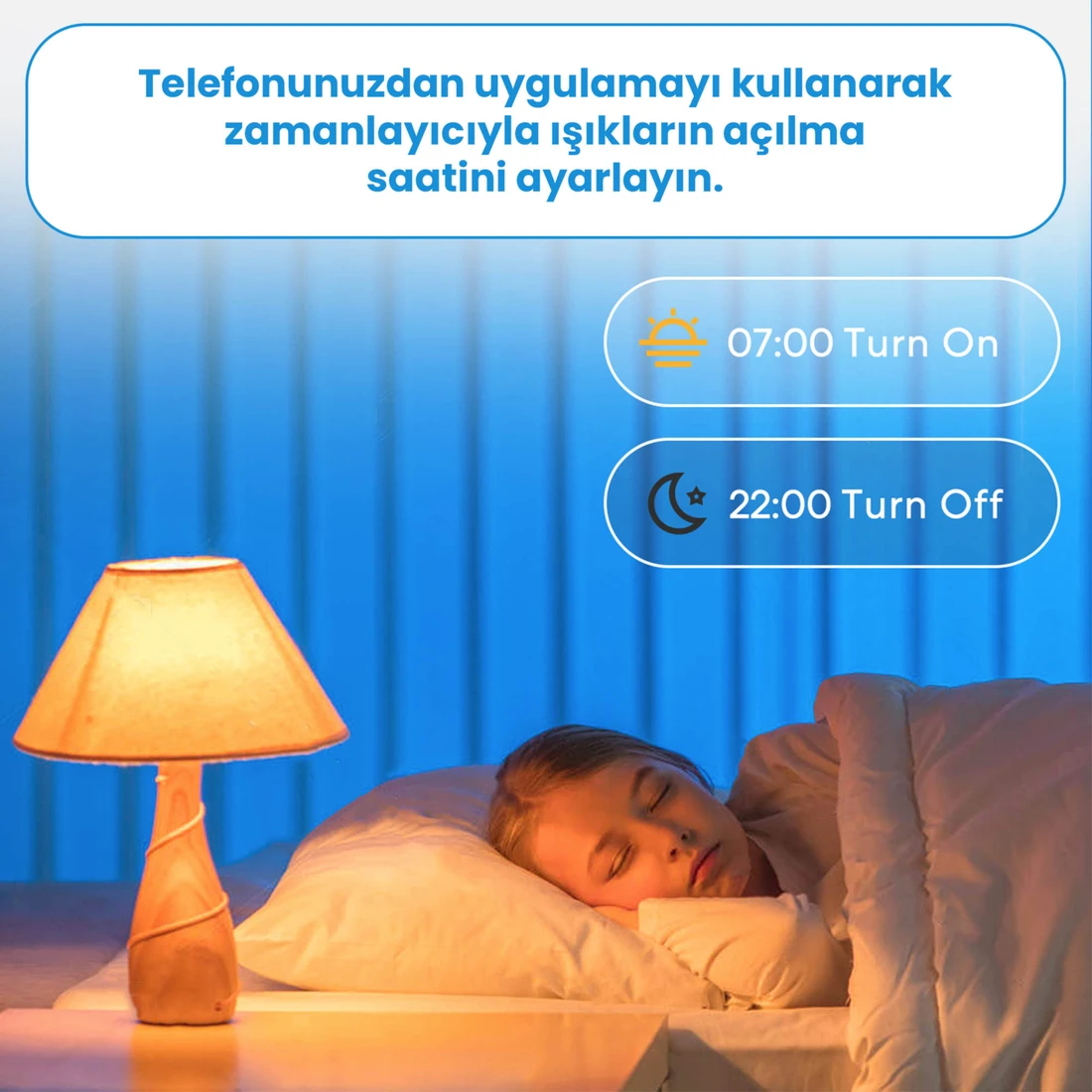Bir kız, bir yastıkta, bir lamba ile uyuyor ve bir ışık zamanlayıcısı ayarlama hakkında metin.