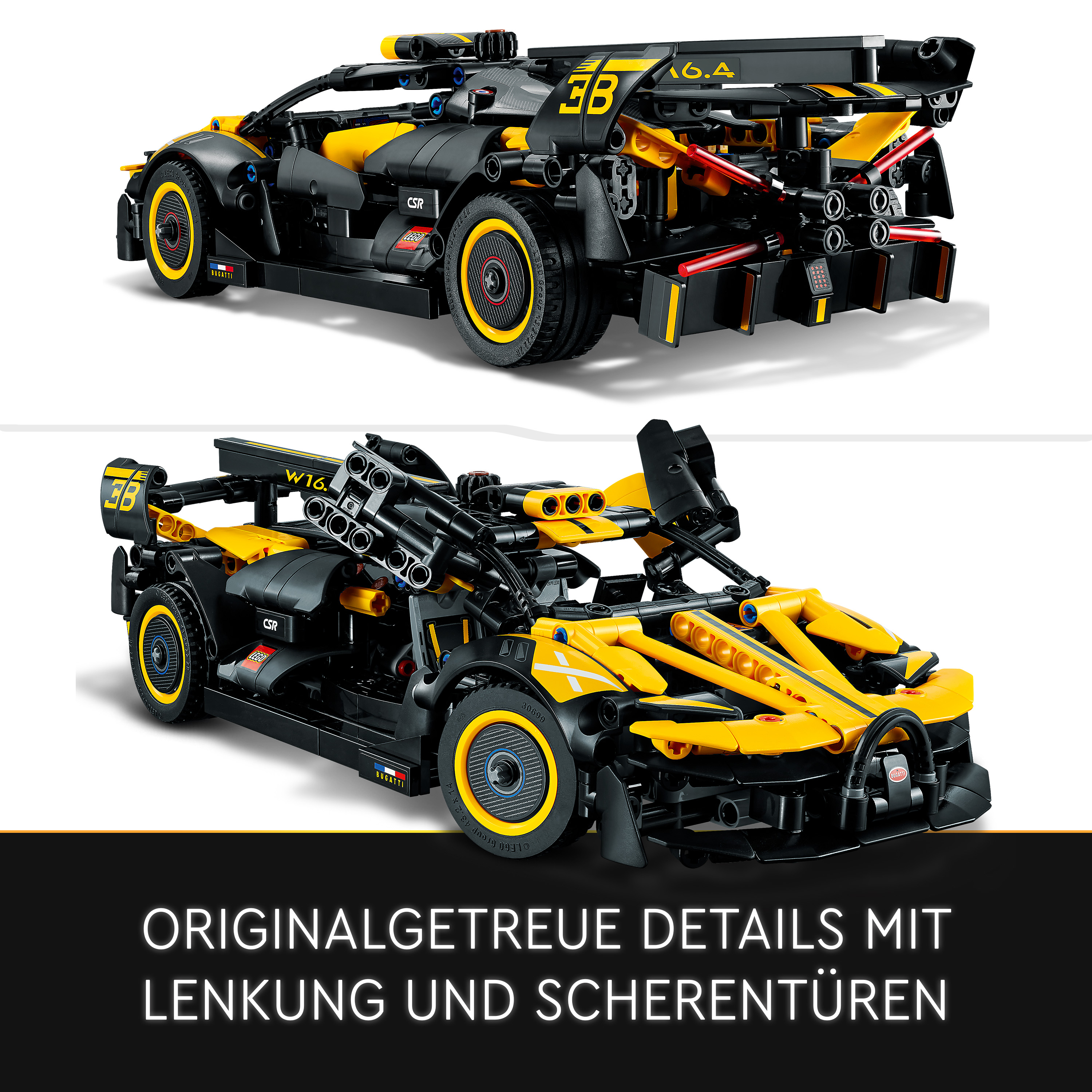 Zwei Ansichten eines schwarz-gelben Lego Technic Autos. Eine zeigt die Oberseite, die andere die Vorder- und Seite.