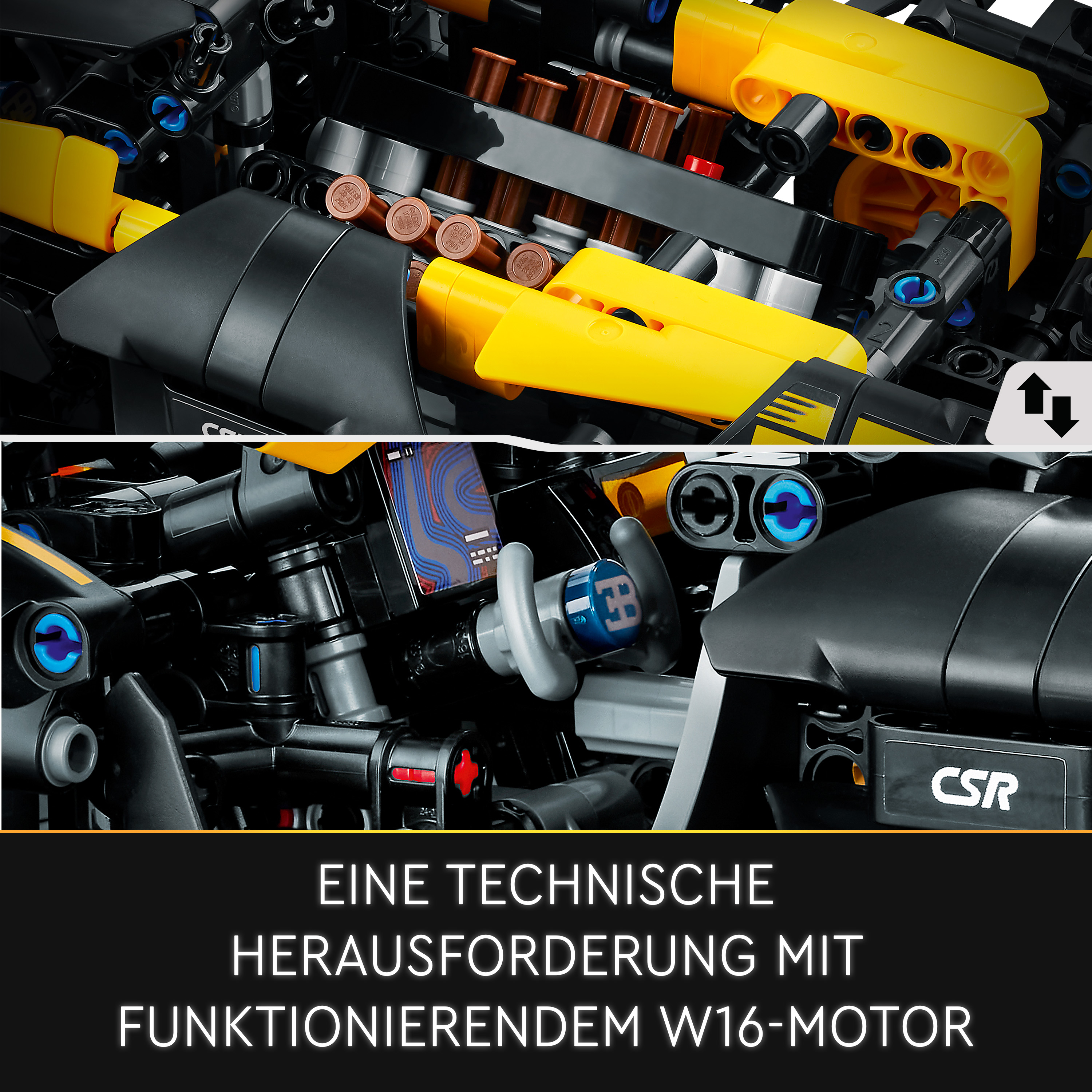 Zwei Nahaufnahmen eines Lego Technic Autos. Eine ist vom Motor, die andere vom Lenkrad.