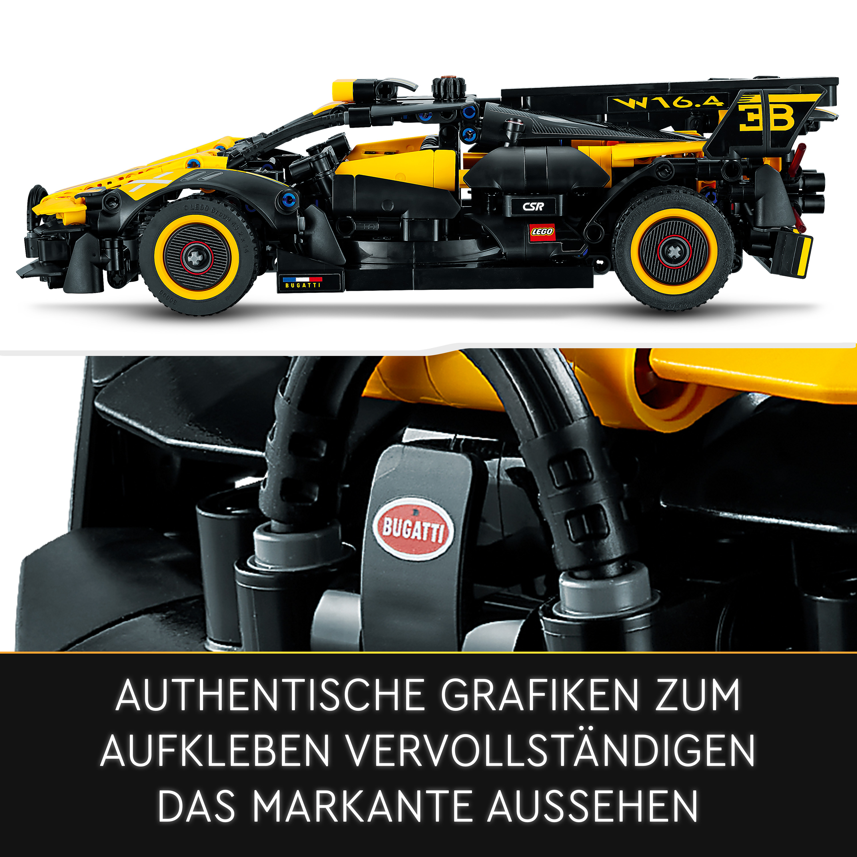 Lego-Auto mit gelb-schwarzem Design. Bugatti-Logo. Nahaufnahmedetails des Autos.