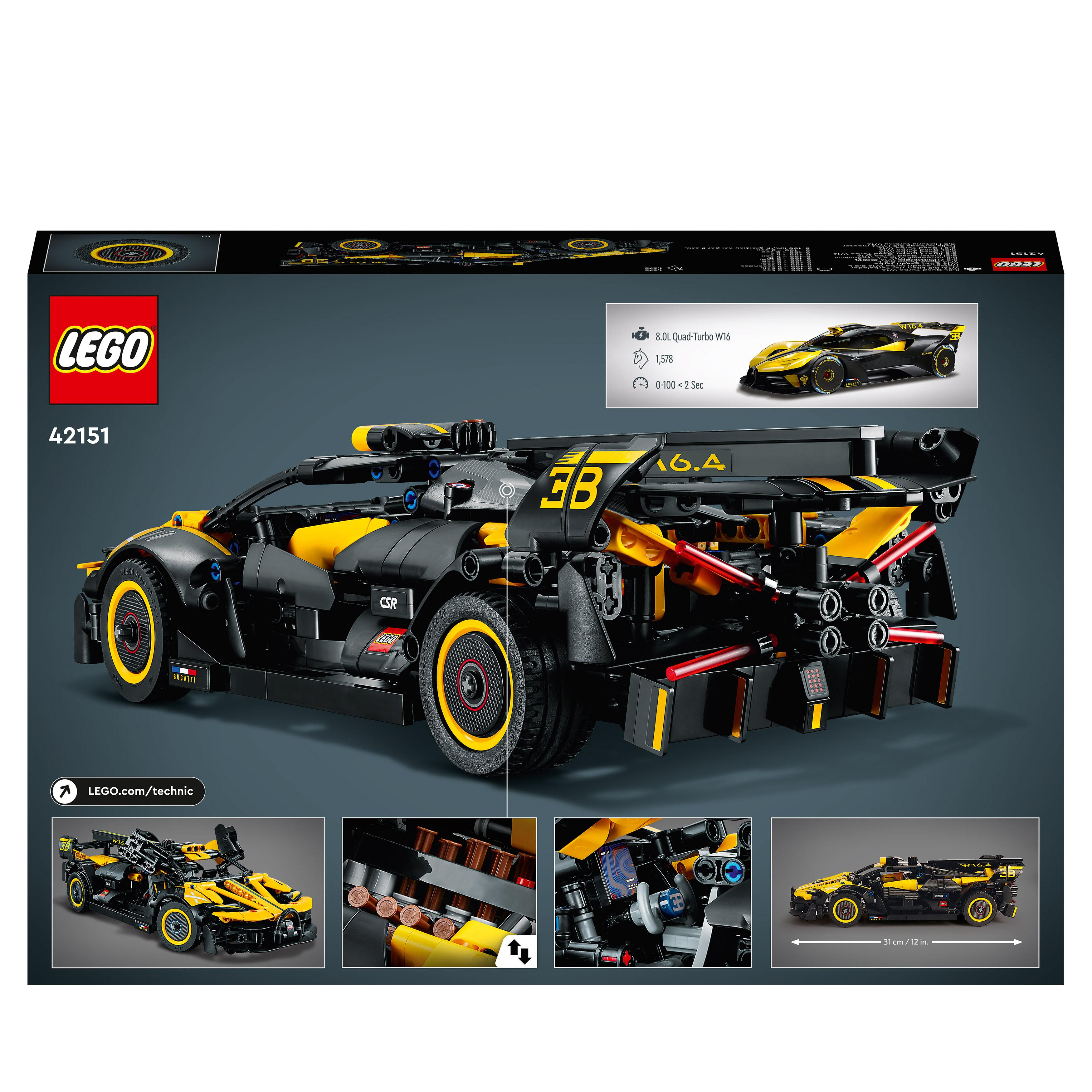 Lego Technic Modell eines schwarz-gelben Rennwagens. Die Box zeigt das Auto und seine Merkmale.