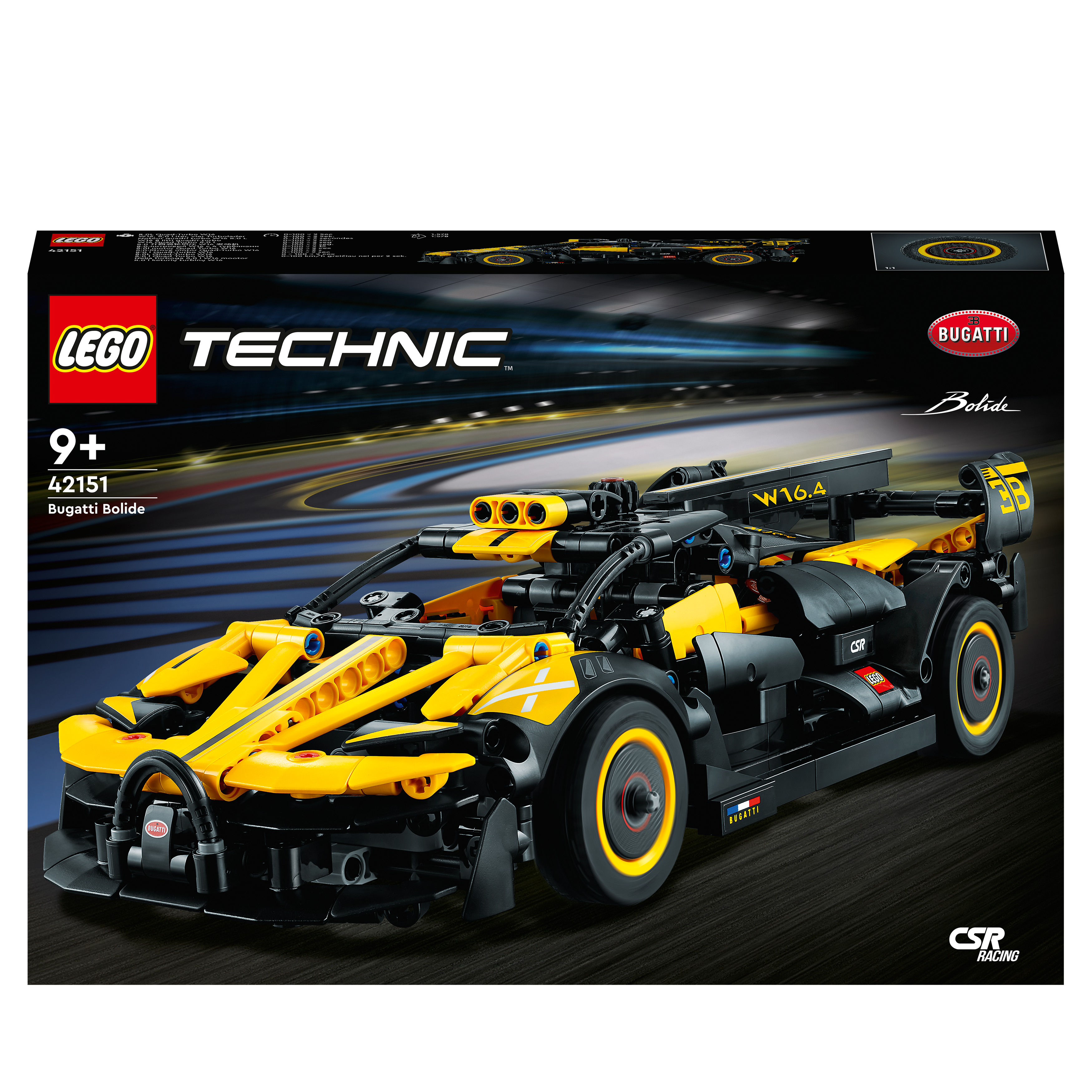 LEGO Technic Bugatti Bolide Modellbox. Gelbes und schwarzes Auto auf schwarzem Grund.