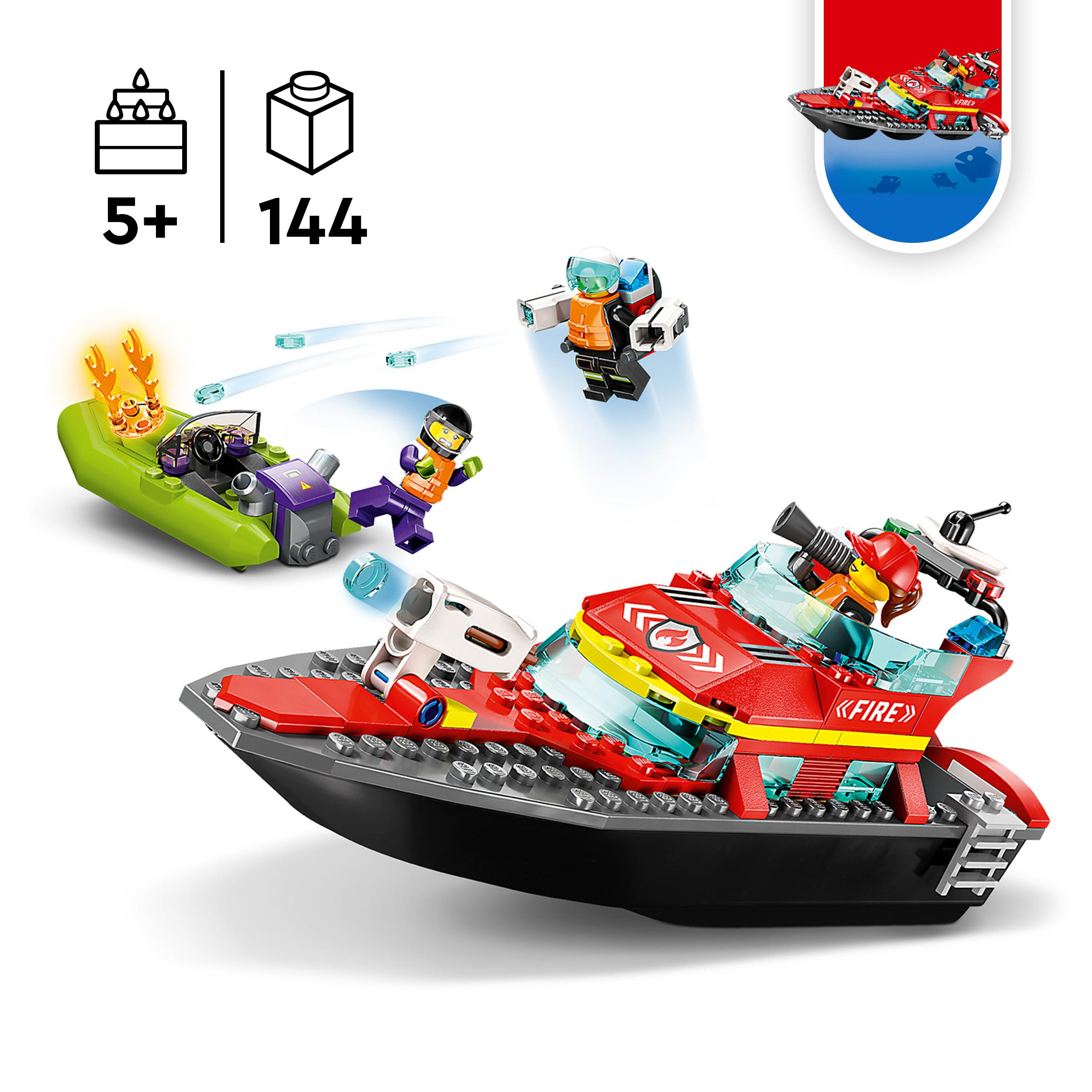 Lego-Set zeigt drei Boote und zwei Minifiguren, die mit Wasserprojektilen kämpfen. Rote und grüne Boote.