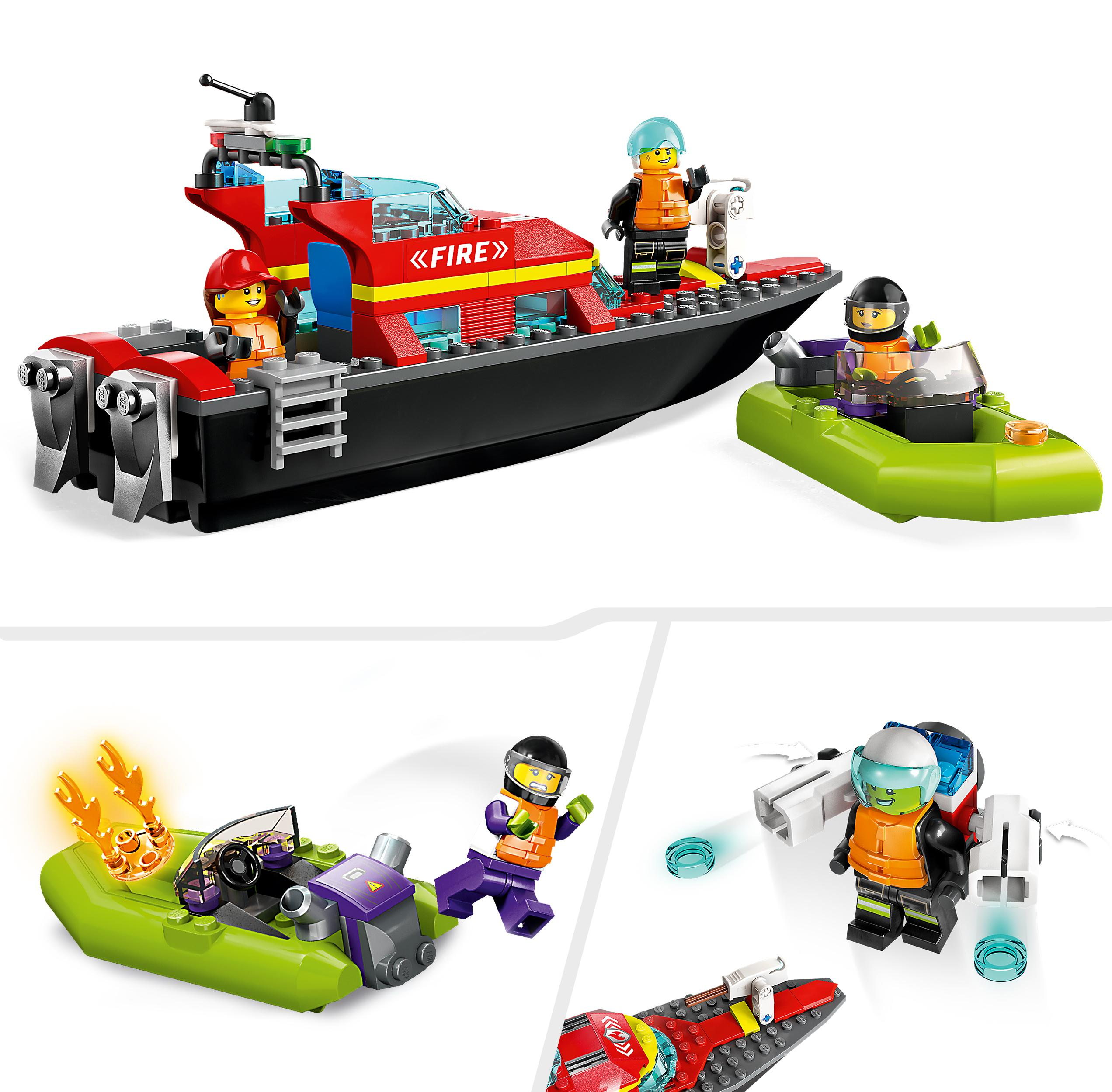 LEGO-Rettungsszene mit einem Boot, Figuren und einem Feuer. Andere LEGO-Figuren sind ebenfalls vorhanden.