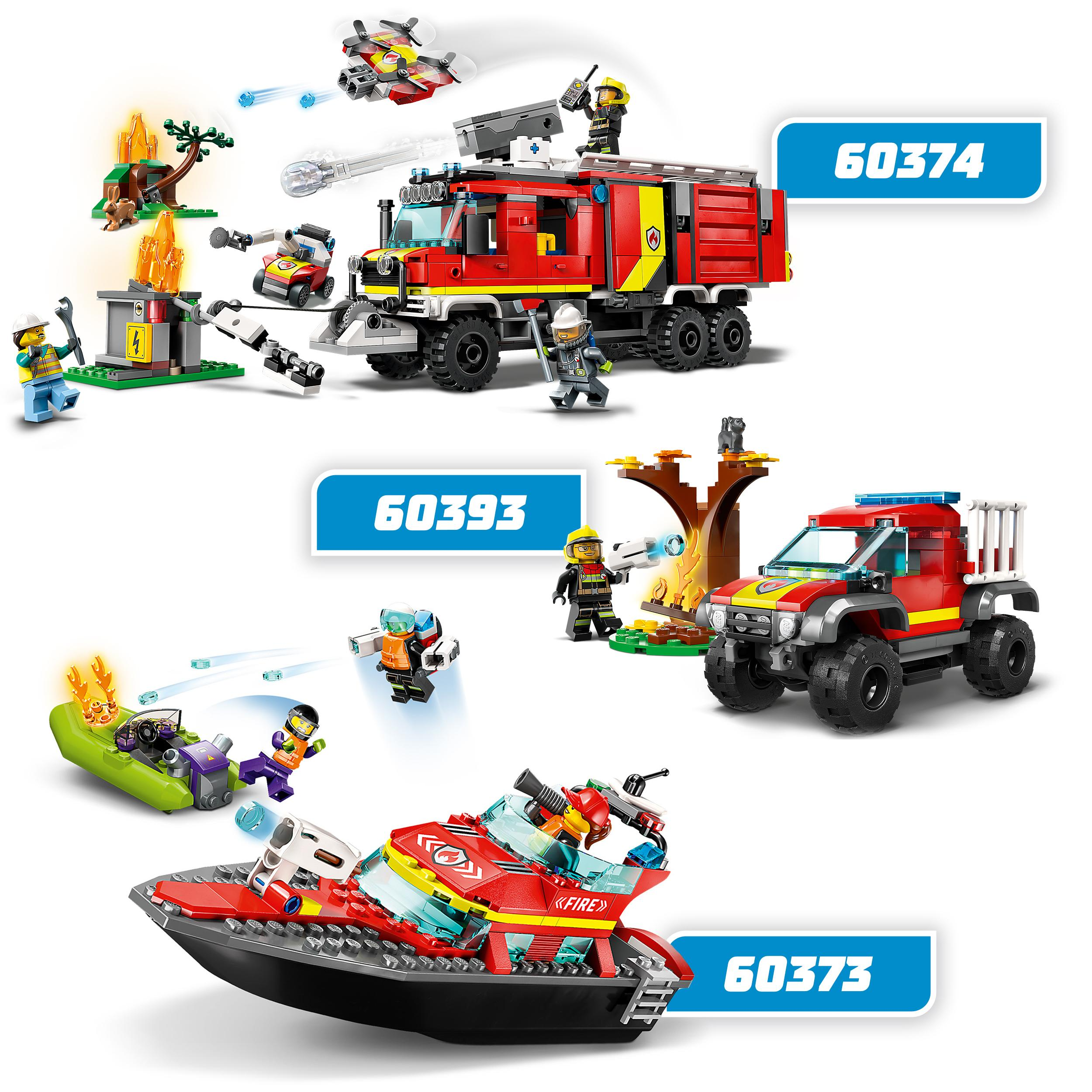 LEGO City Sets: Feuerwehrauto, Boot und Hubschrauber mit Minifiguren in Action-Szenen mit Beschriftungen.