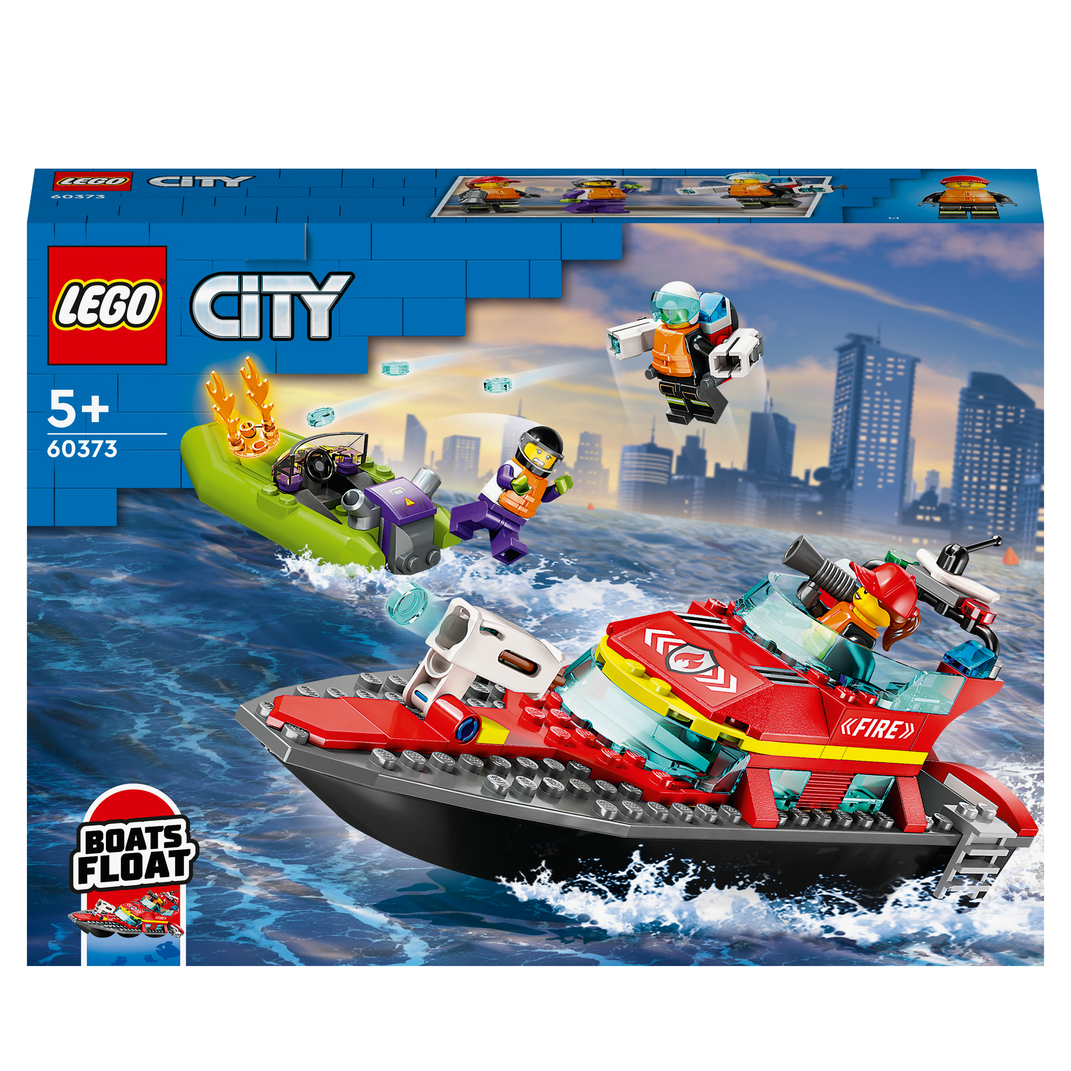 Lego City Feuerboot-Set. Die Box zeigt das Feuerboot mit Figuren in einer Stadt.