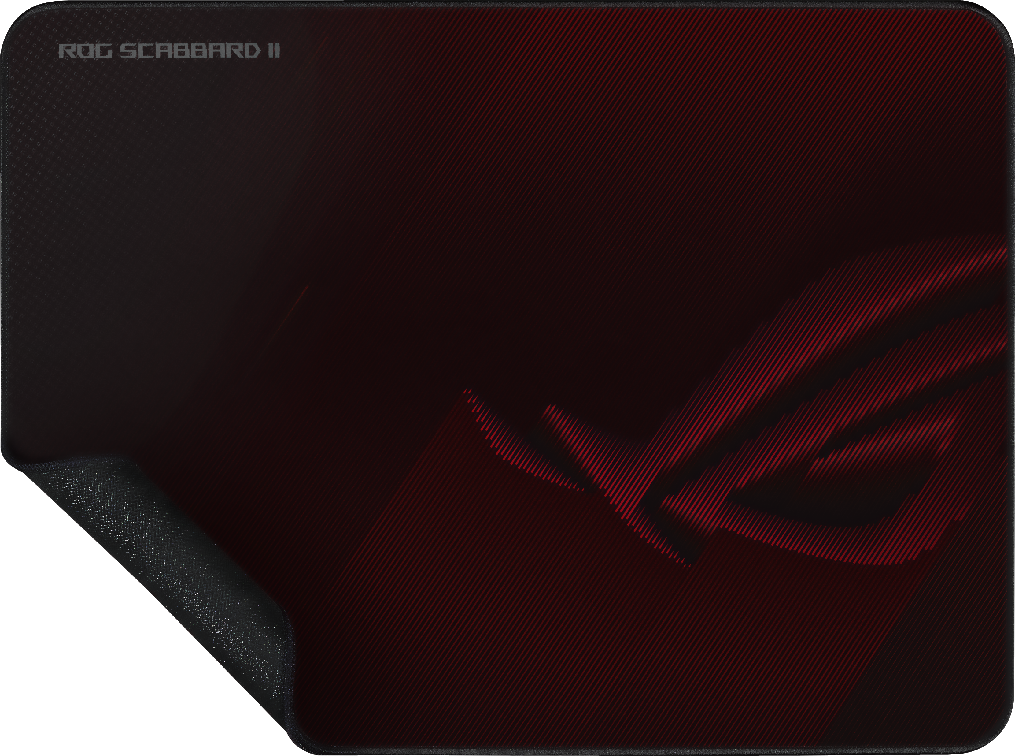 Schwarze Mauspad mit rotem Streifenmuster und ROG-Logo.