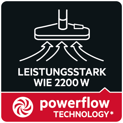 Symbol eines Staubsaugers mit Text LEISTUNGSSTARK WIE 2200 W und powerflow TECHNOLOGY*.