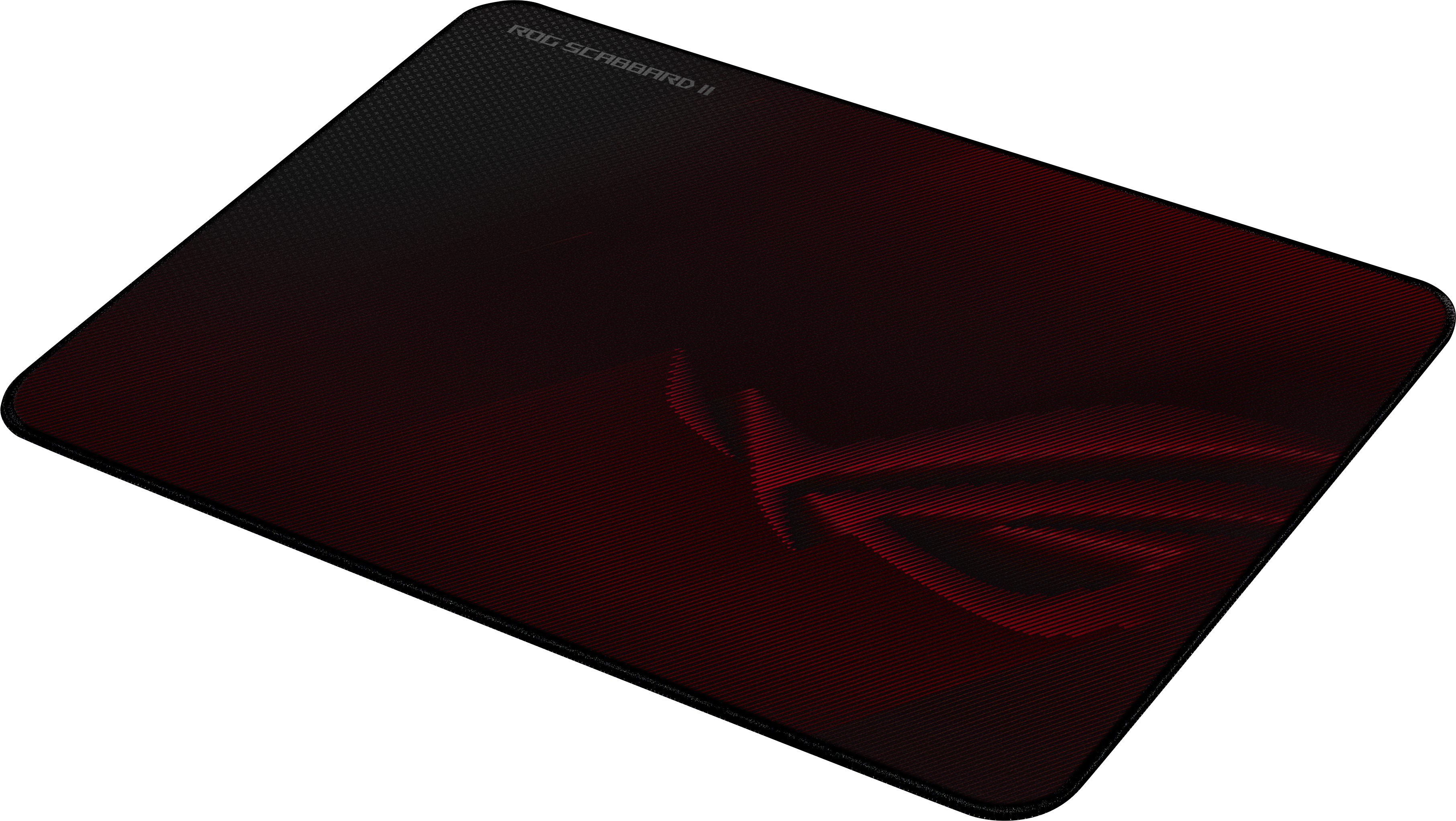 Schwarze Mausmatte mit rotem ROG-Logo und Streifenmuster.