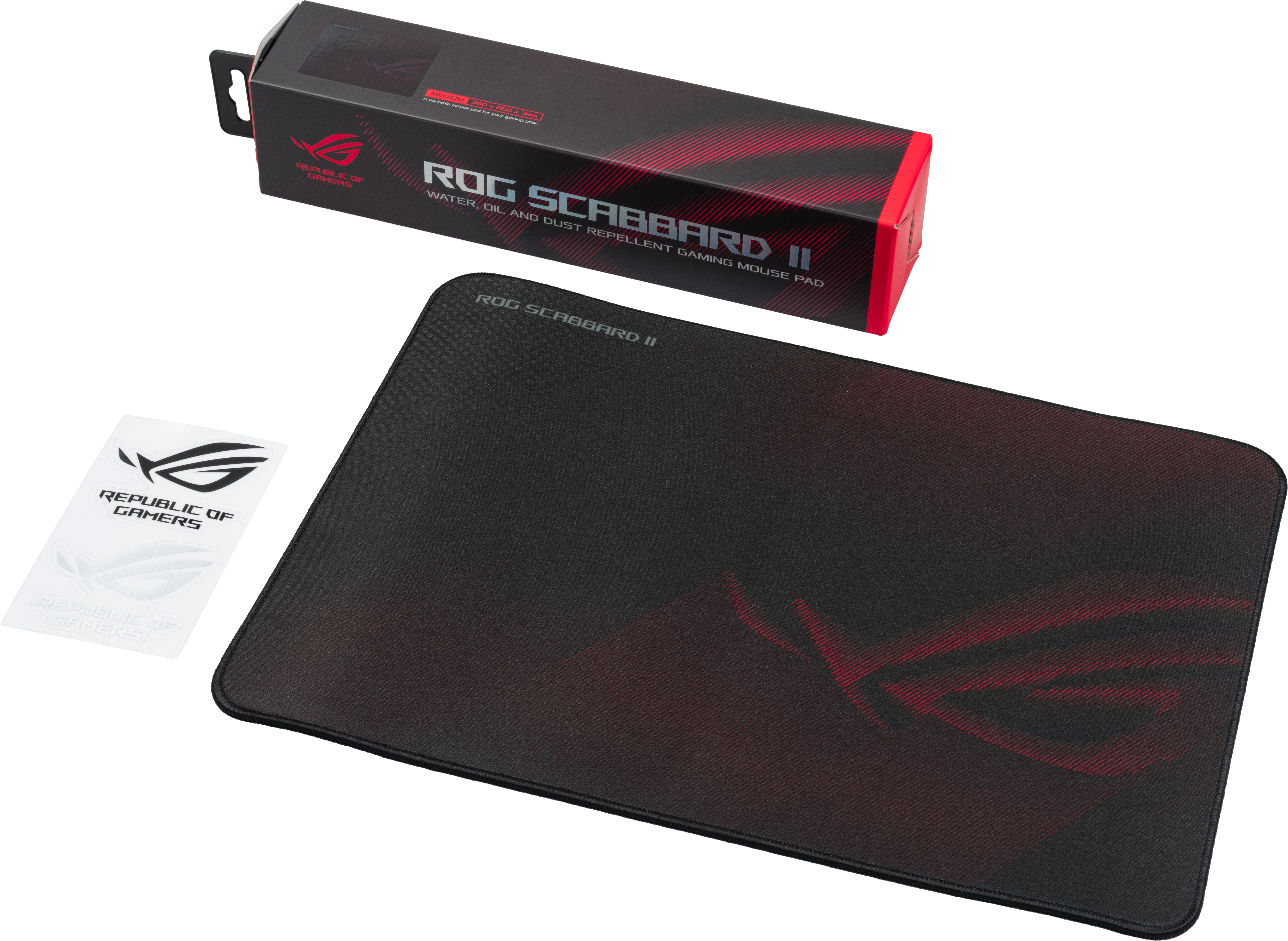 Schwarzes Gaming-Mauspad mit ROG-Logo und Verpackung.