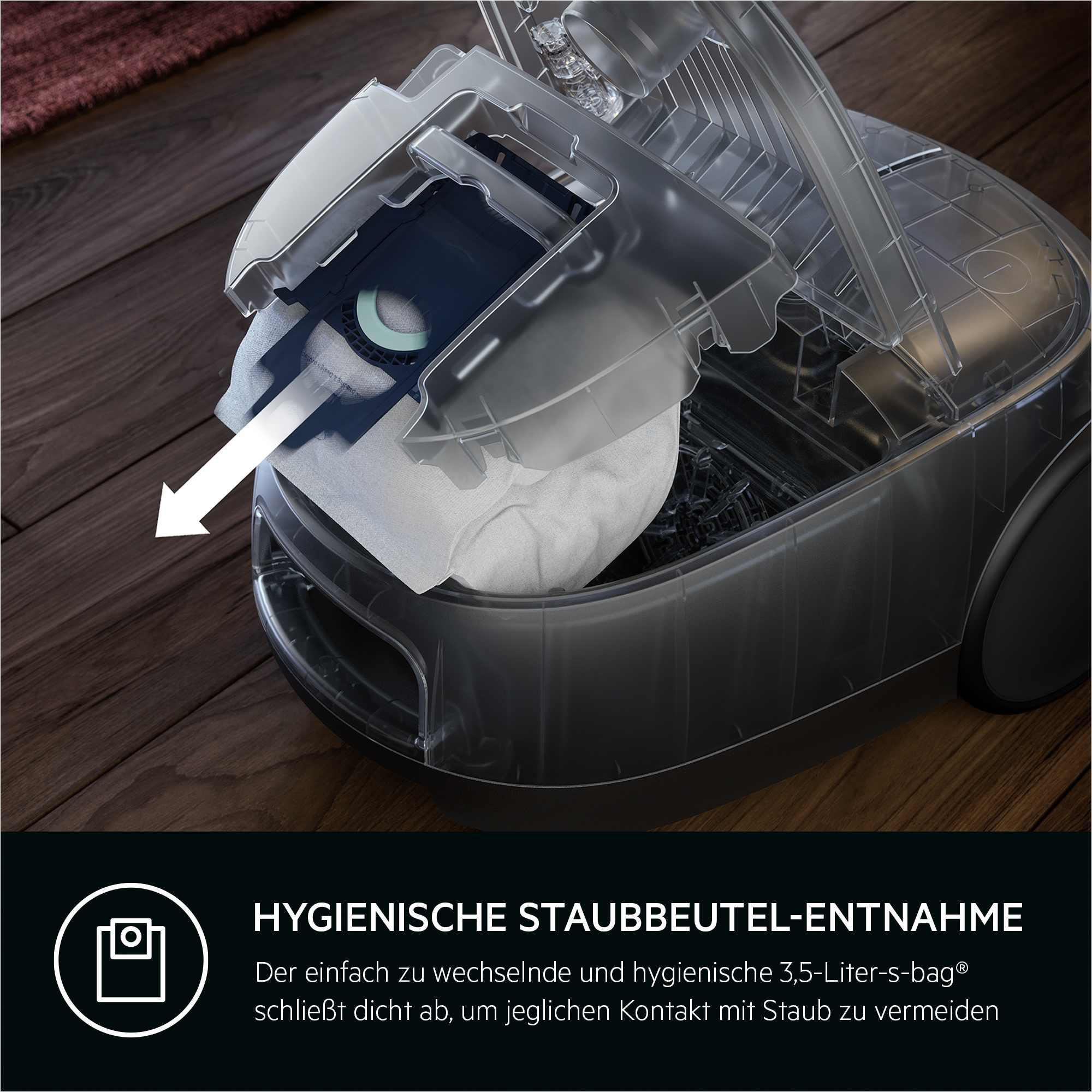 Staubsauger mit geöffnetem Staubbeutelfach, das den Beutel zeigt.
