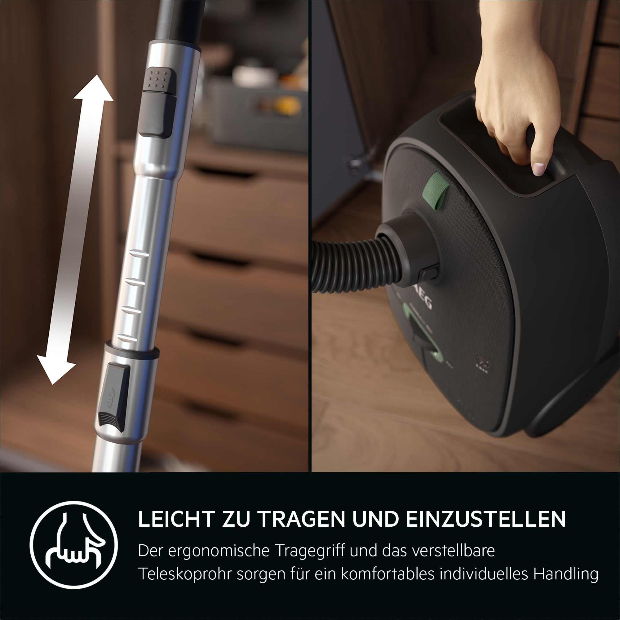 Staubsauger mit verstellbarem Griff und Text: leicht zu tragen.