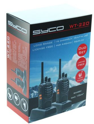 A box for a SYCO WT-220 Duo Set walkie-talkie. The box has images of walkie-talkies and a mountain scene.
