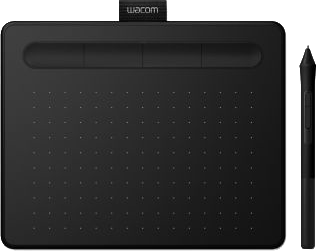 Tablette de dessin et stylet Wacom noirs sur fond blanc. La tablette a des points et trois encoches. Le stylet est à côté.