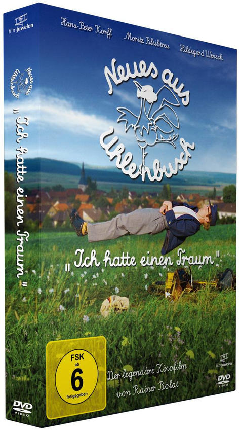 DVD-Hülle. Mann fliegt über Feld, Dorf im Hintergrund, blauer Himmel.
