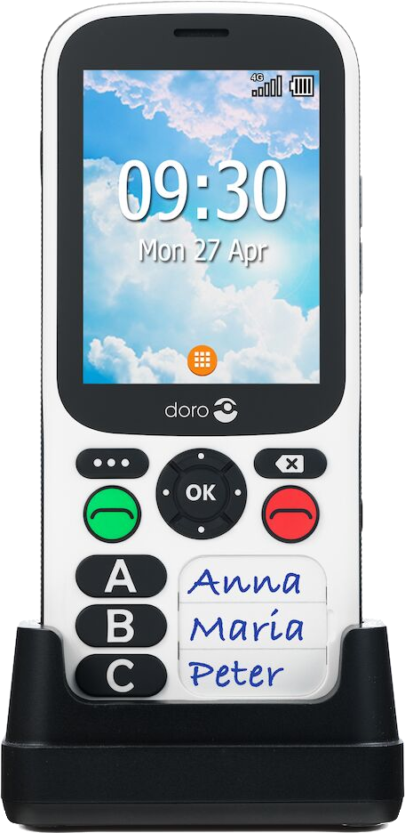 Téléphone Doro blanc avec socle noir, affichant l'heure et contacts.