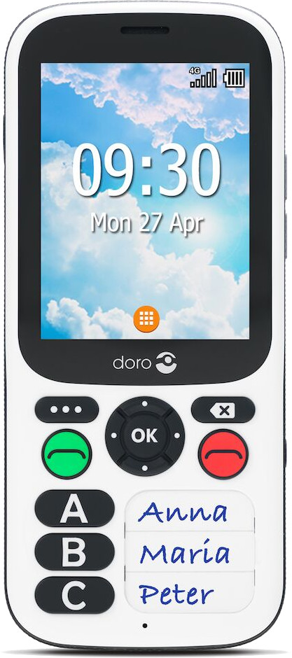 Un téléphone blanc avec un grand écran affichant l'heure. Les boutons sont sur le téléphone.