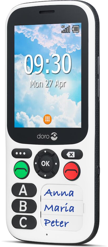 Téléphone portable blanc avec de gros boutons et un grand écran.