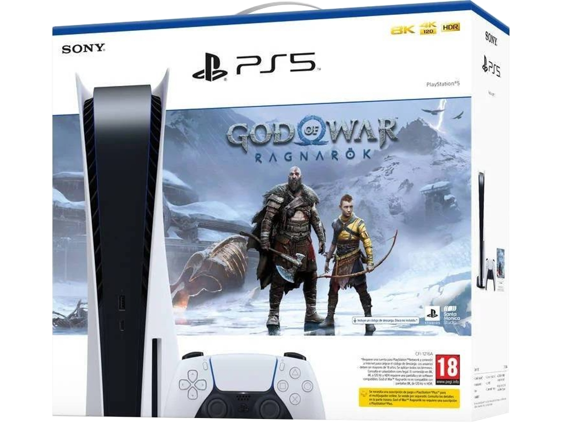 Consola - Sony PS5 Stand, 825 GB, 4K UHD Blu ray, Blanco + Juego God Of War: Ragnarok (código descarga)