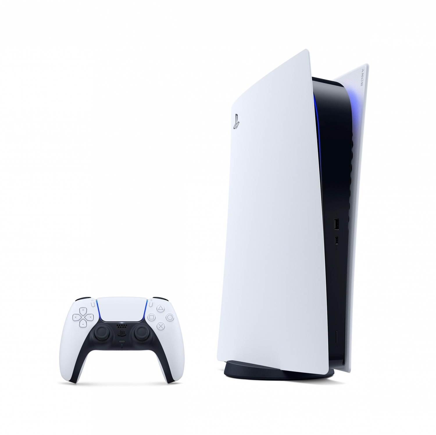 Consola y mando blancos de PlayStation 5 sobre fondo blanco.