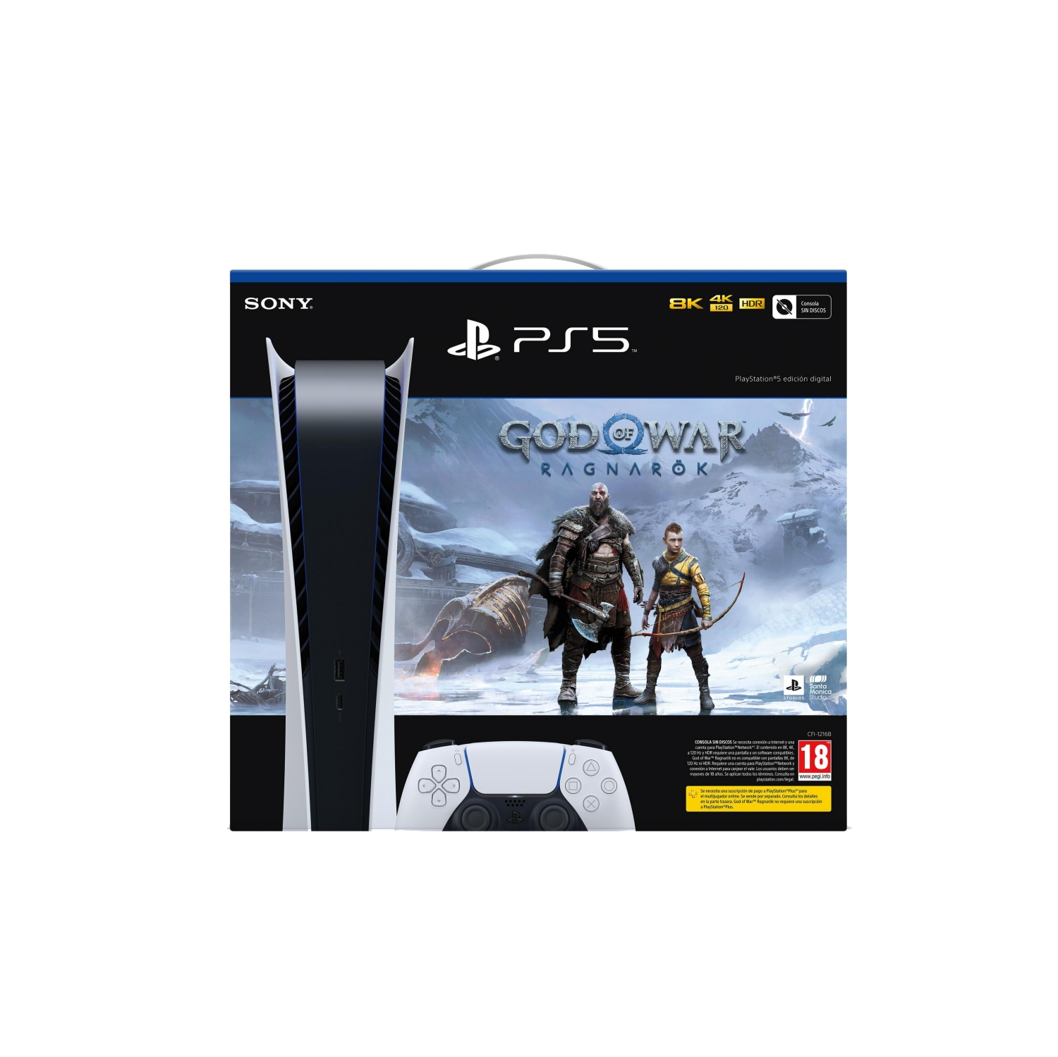 Caja de PlayStation 5 con consola, mando y carátula del juego sobre fondo negro.