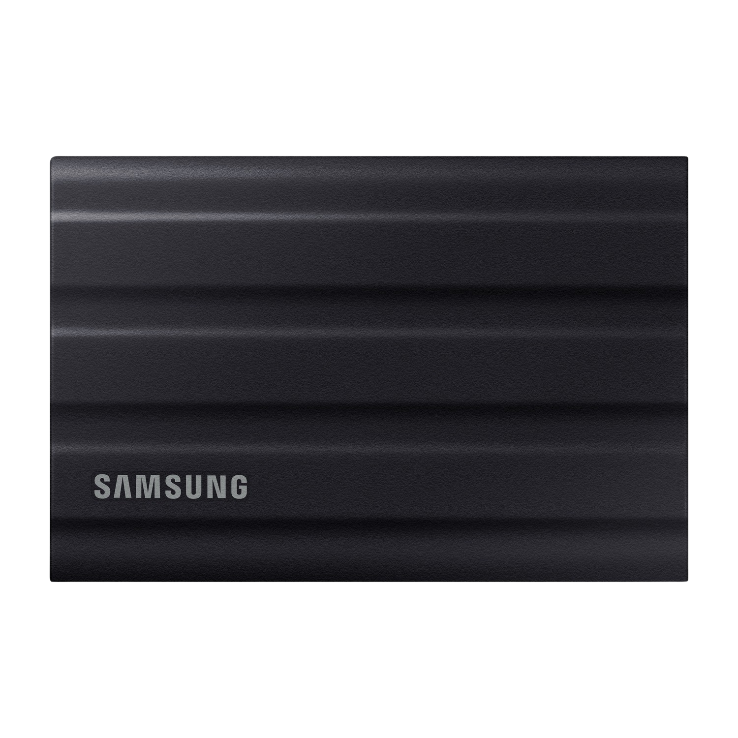 A black Samsung external hard drive. It has a ribbed design and the Samsung logo is visible.