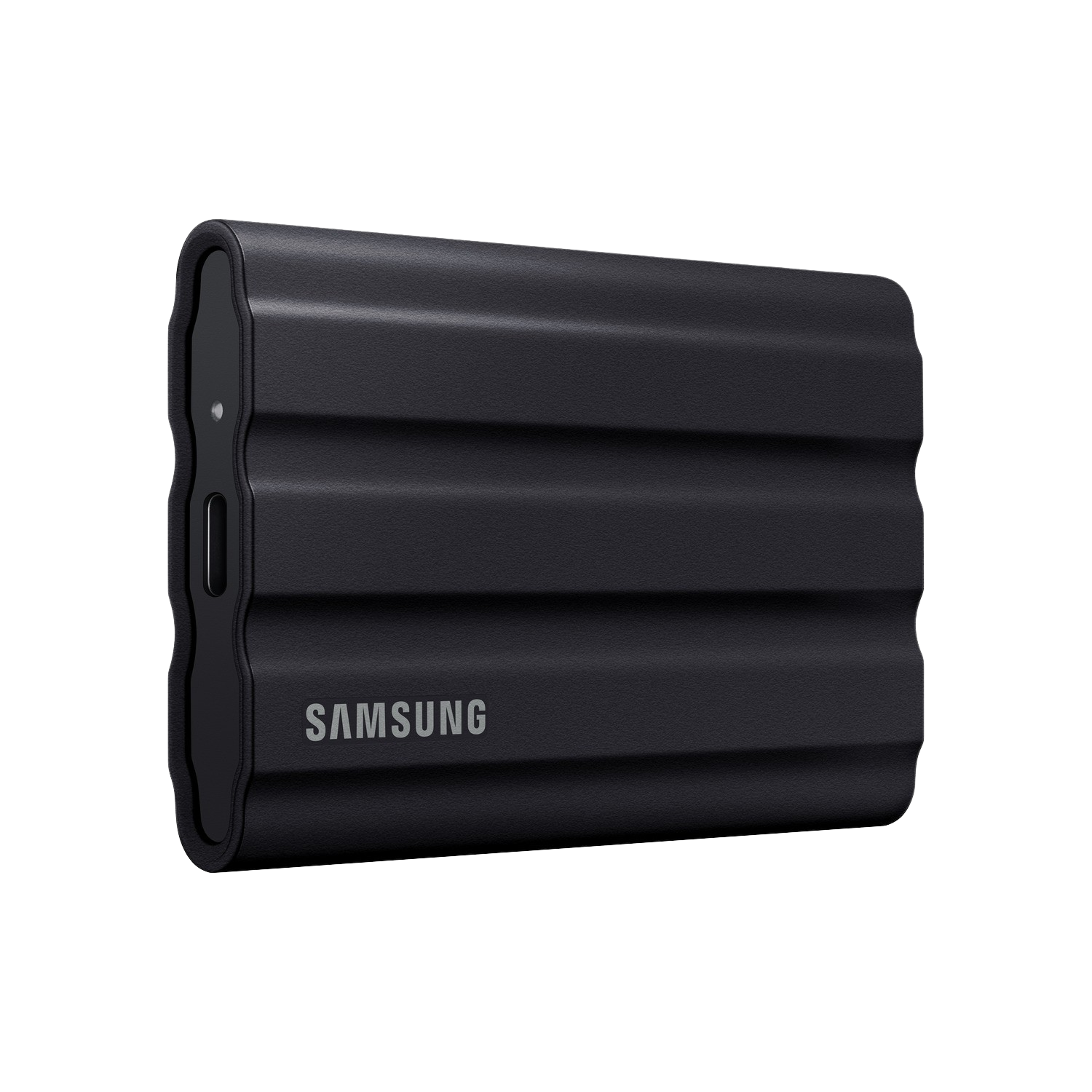 A black Samsung portable SSD drive, with a ribbed design on the top surface.