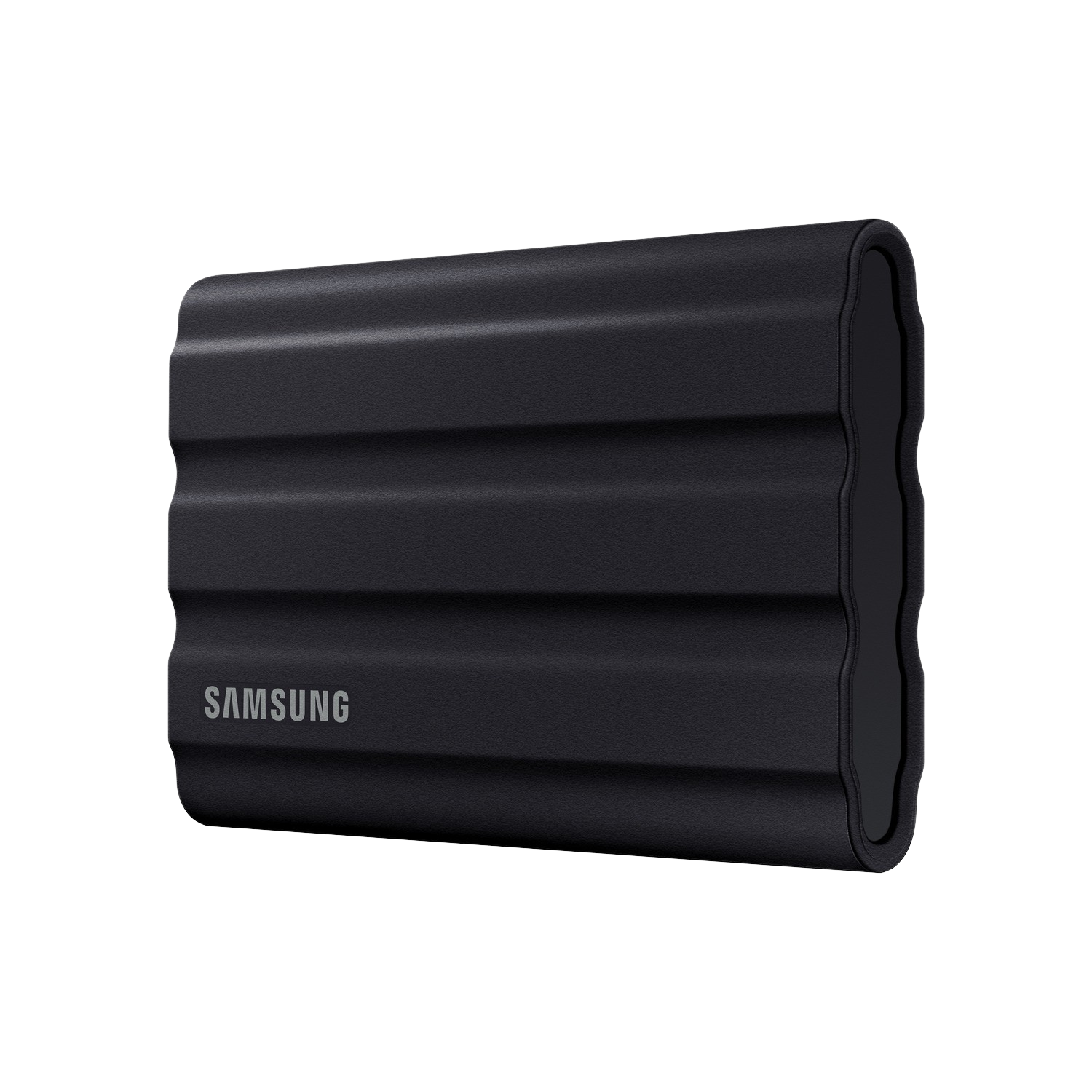 A black Samsung portable SSD drive. The SSD drive is on a black background.