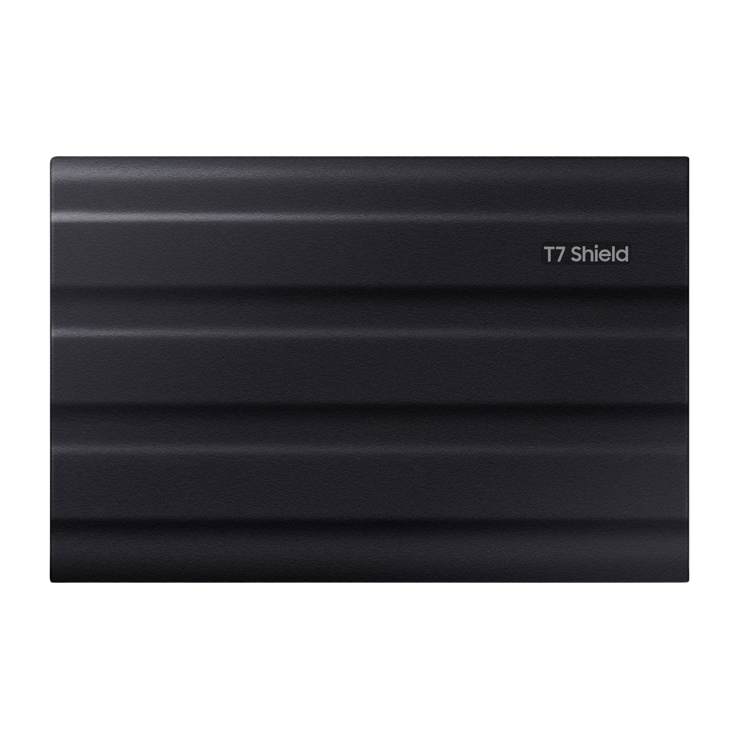 Black, textured external hard drive with the text "T7 Shield" on it.