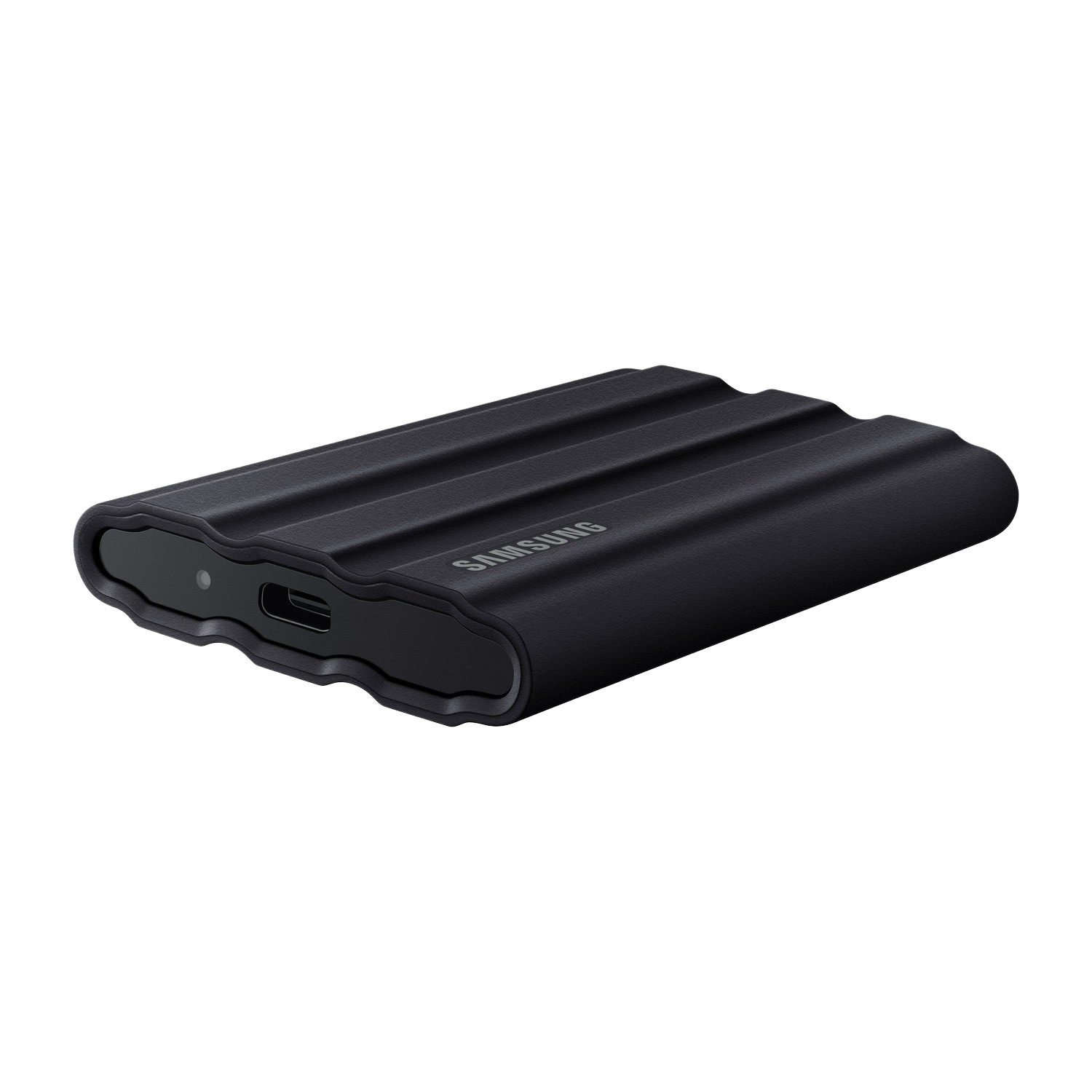 Black Samsung external hard drive with a ribbed design on a black background.