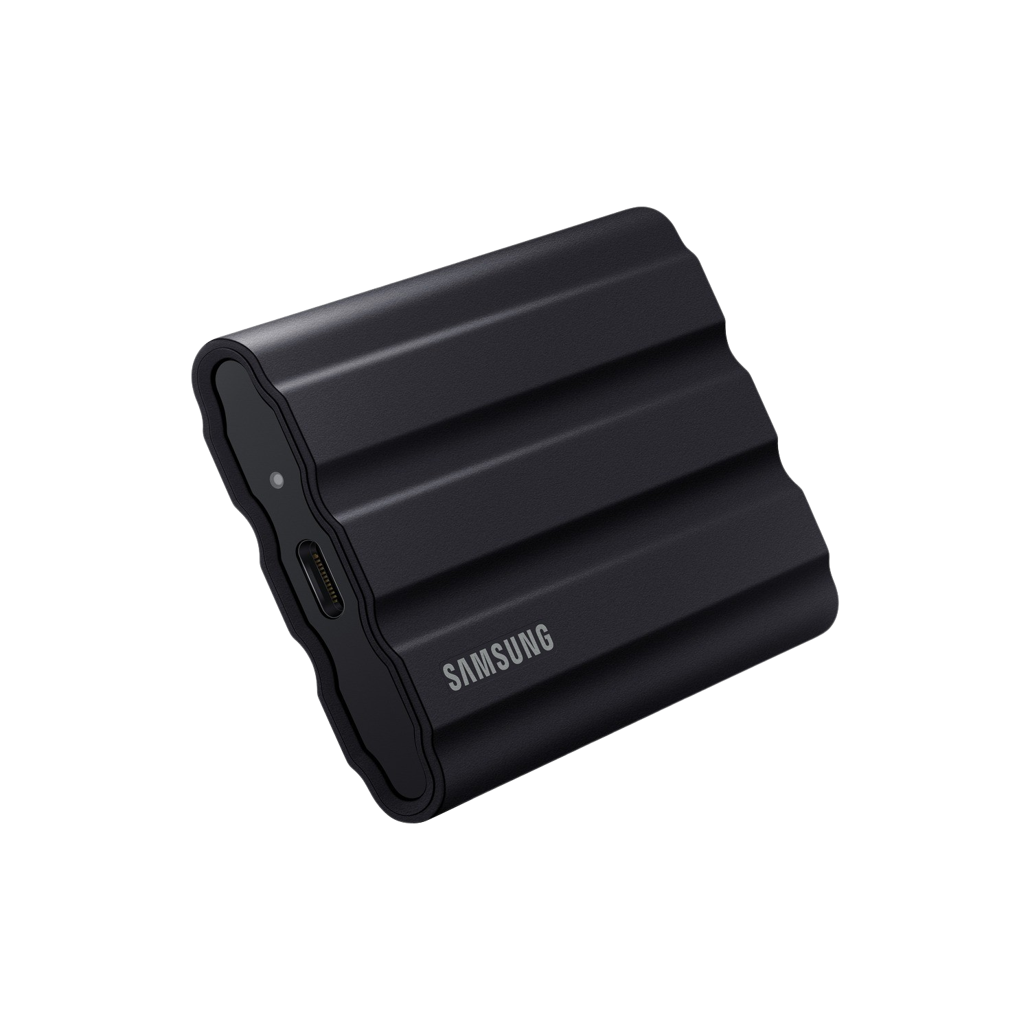Black Samsung hard drive. It has a ridged texture and the Samsung logo.