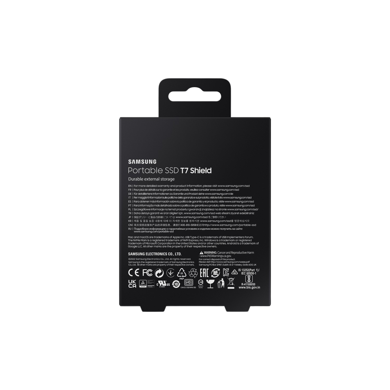 A black box of a Samsung portable SSD T7 Shield. The front has the product name and other descriptions.