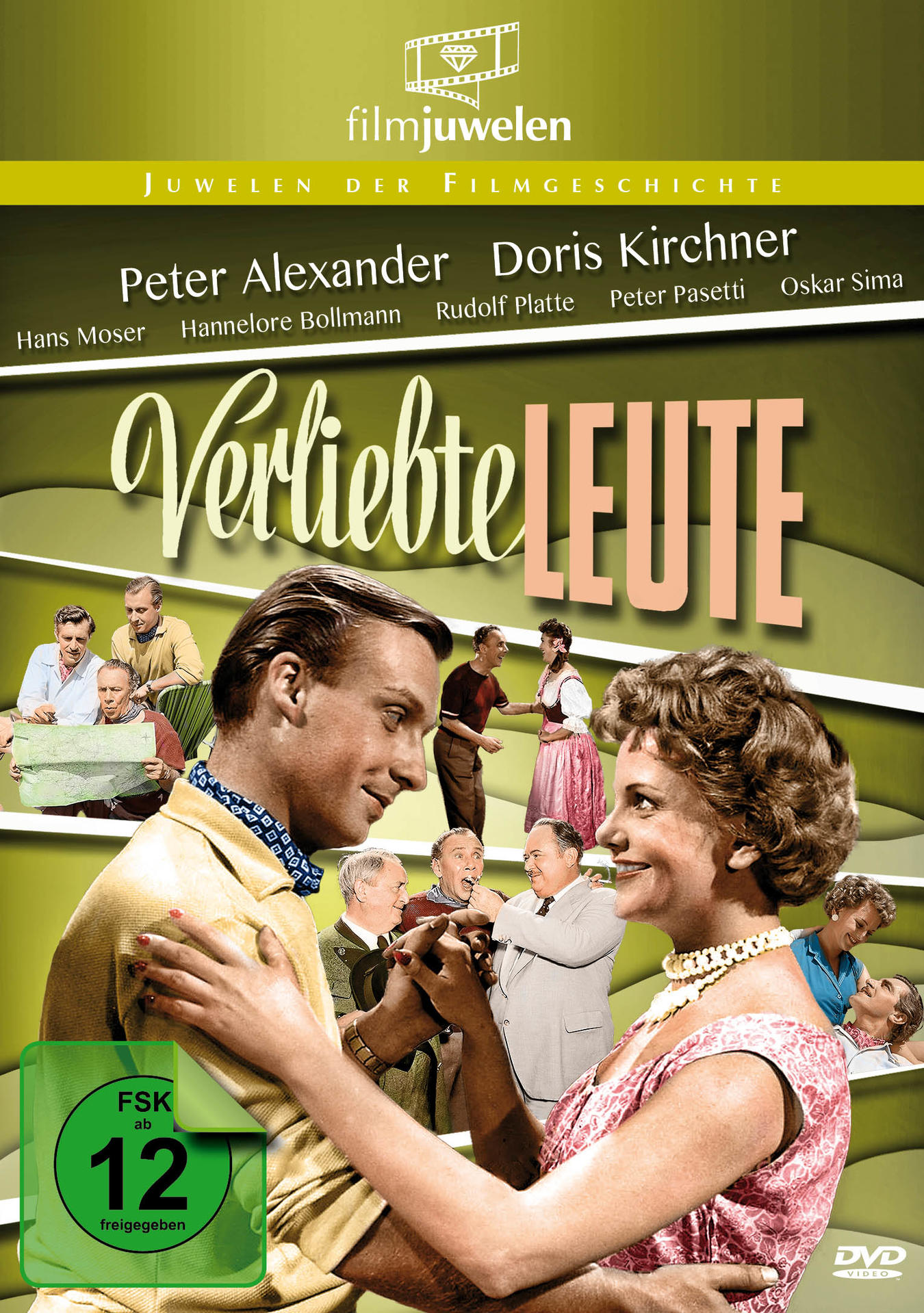 Filmposter mit Menschen in Vintage-Kleidung. Der Titel "Verliebte Leute" ist deutlich sichtbar.