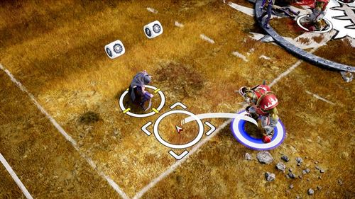 Un juego de mesa está en juego. Dos figuras se enfrentan con dados cerca.