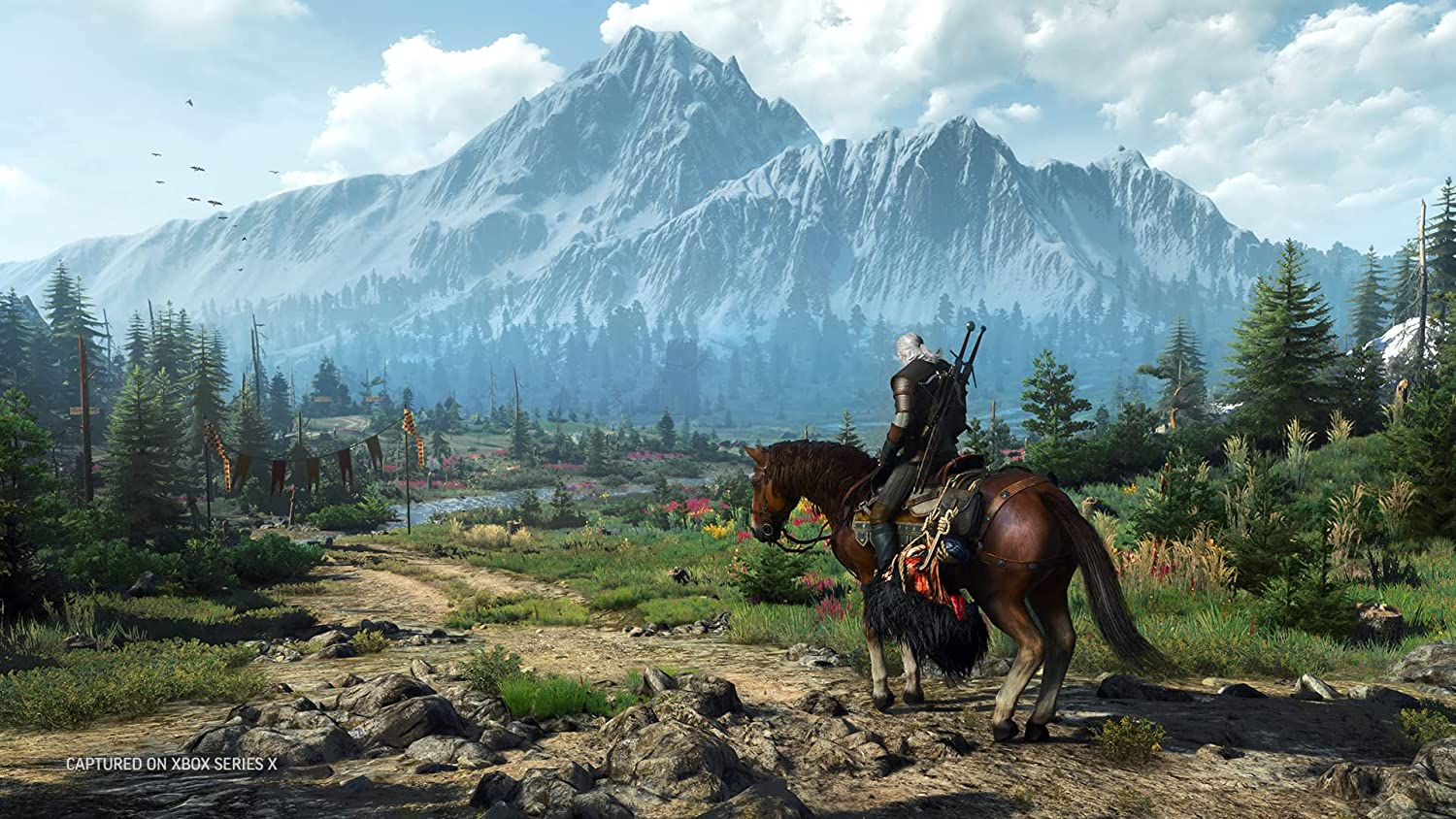 Un hombre a caballo en un paisaje montañoso, con un bosque y un lago al fondo.