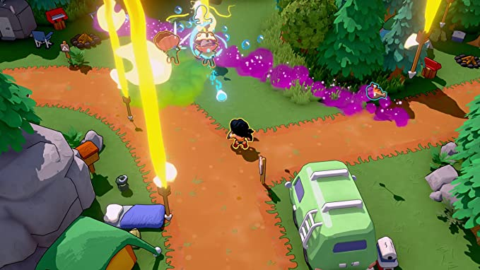 Una escena de juego de dibujos animados con un camino, personajes, árboles y un vehículo verde.