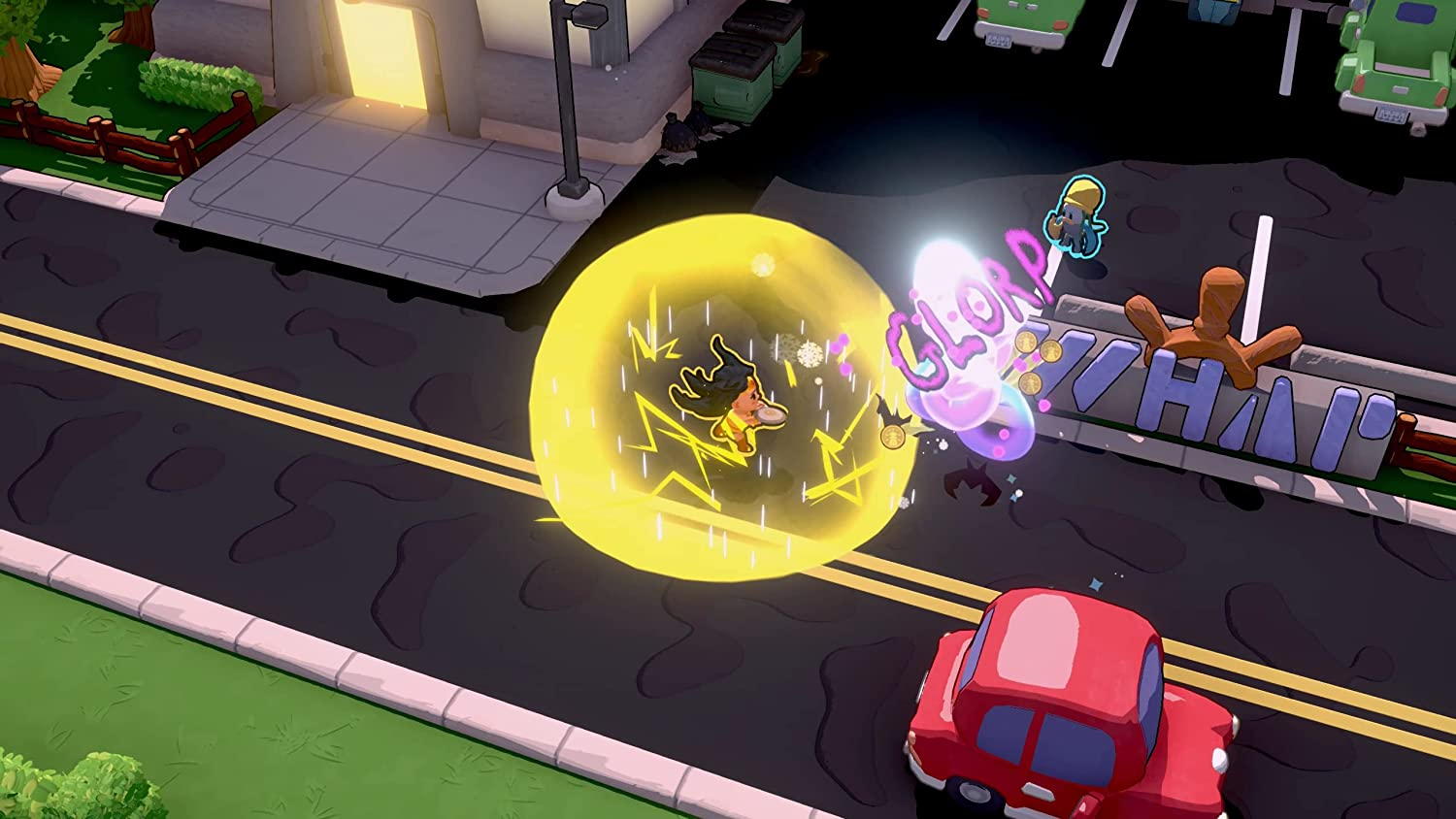 Un personaje en un campo de energía amarilla golpea una burbuja con el texto 'GLORP' en una calle.