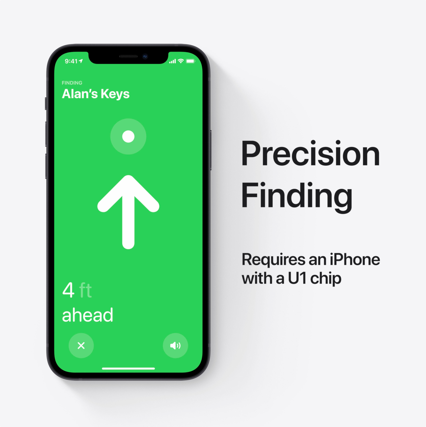 iPhone-scherm met een locatie. Tekst: Precisie zoeken. Vereist iPhone met U1-chip.
