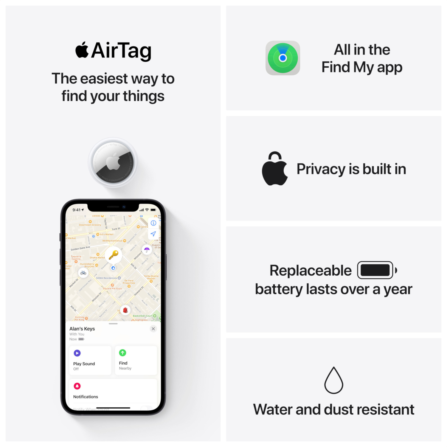 White AirTag with a phone displaying its location, with icons about features.