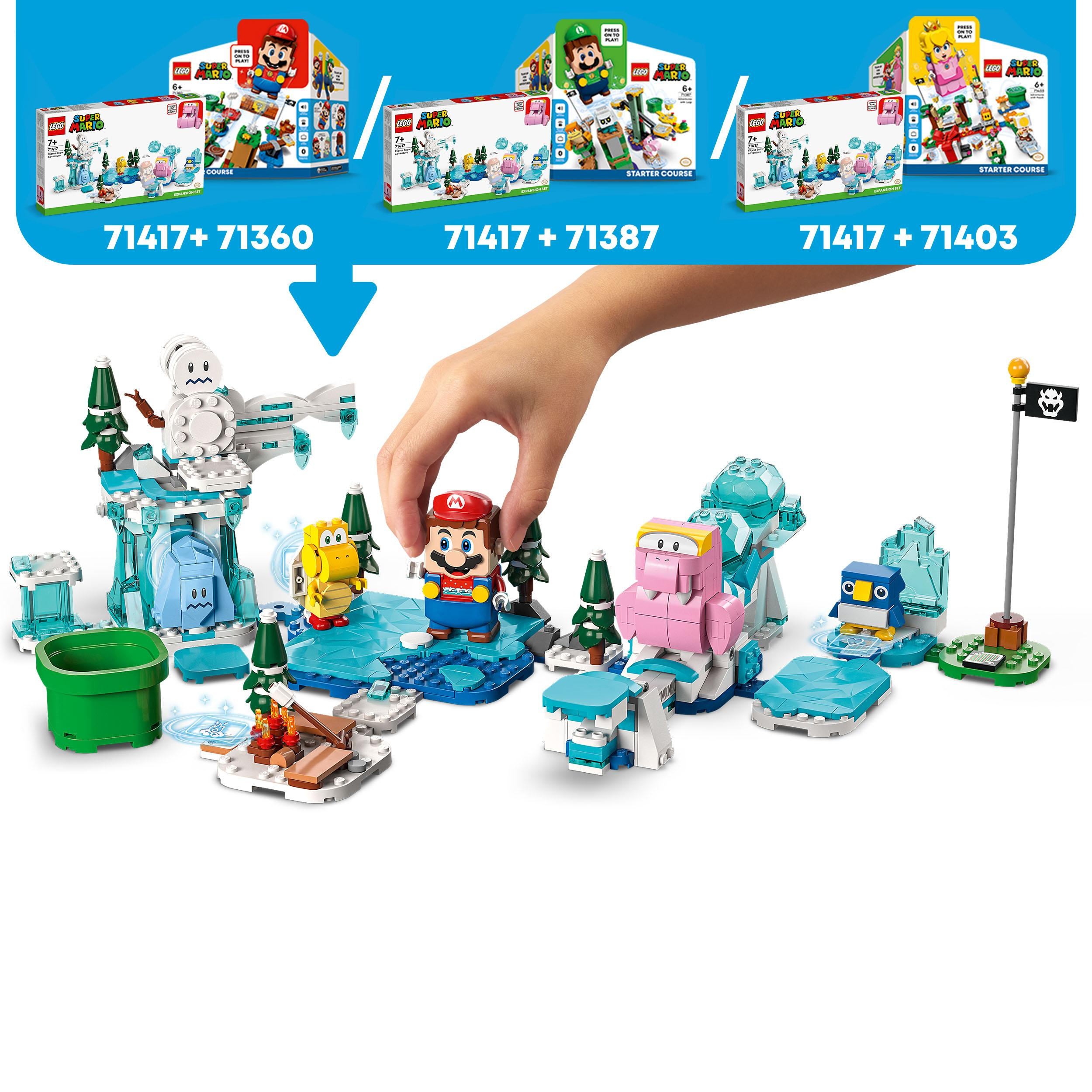 LEGO Super Mario-Sets werden angezeigt, mit Mario und anderen Charakteren in einer verschneiten, eisigen Landschaft.